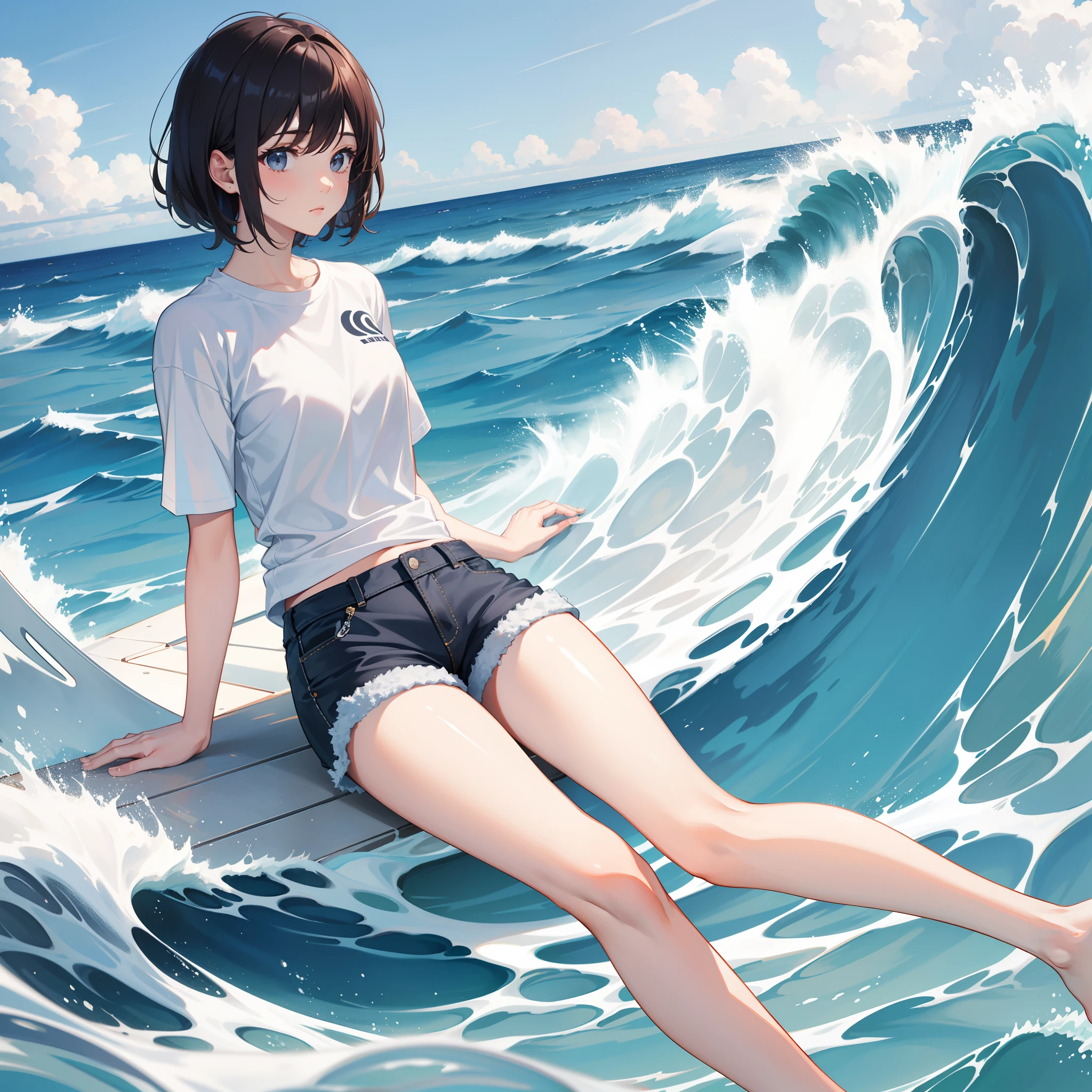 white short sleeve,Ultra shorts,Short sleeves cover shorts,Long legs,Big waves,a beauty girl