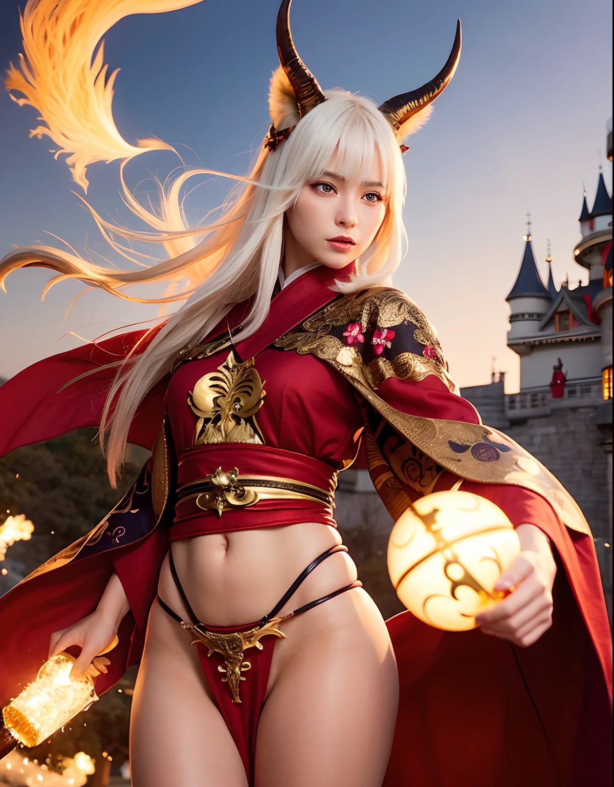 Professional , masterpiece、top-quality、photos realistic , depth of fields 、(fullmoon:1.6)、(shooting stars:0.9)、(nebulas:1.3)、(White bikini armor)、(Mystical expression)、(The fox has five tails)((Fight dragons)),(Wear a beautiful kimono),(Wear a beautiful kimono with colorful floral patterns)、Jewel Gold Weapon、Particles of light),(Has a devil's mask)、Gorgeous gold weapons ,(( Gorgeous Dragon Sword)) , (Fox Mask),,(maikurobikini) 、((White hair))、(Castle background)、(demonic wings)、((Gangle's forest background))、Beautiful Caucasian beauty、1a person、dynamic ungle,(((Two devil's horns on the head)))、Smaller head、Idle Smile、Thin and beautiful female hands、Mystical expression、Light Effects、intense fighting、Wind-effect、magic circles、With the legendary magic wand、Dragon's tail、