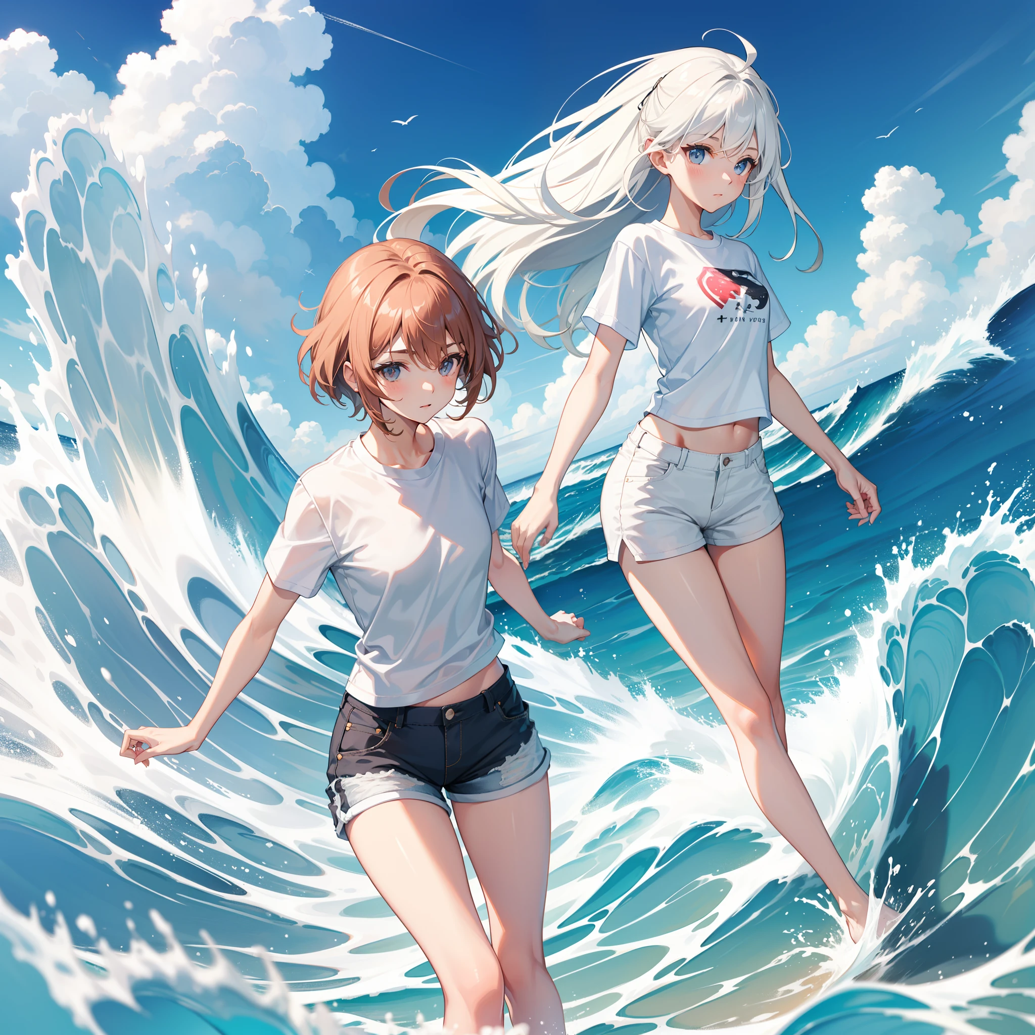 white short sleeve，Ultra shorts，Short sleeves cover shorts，Long legs，Big waves，a beauty girl