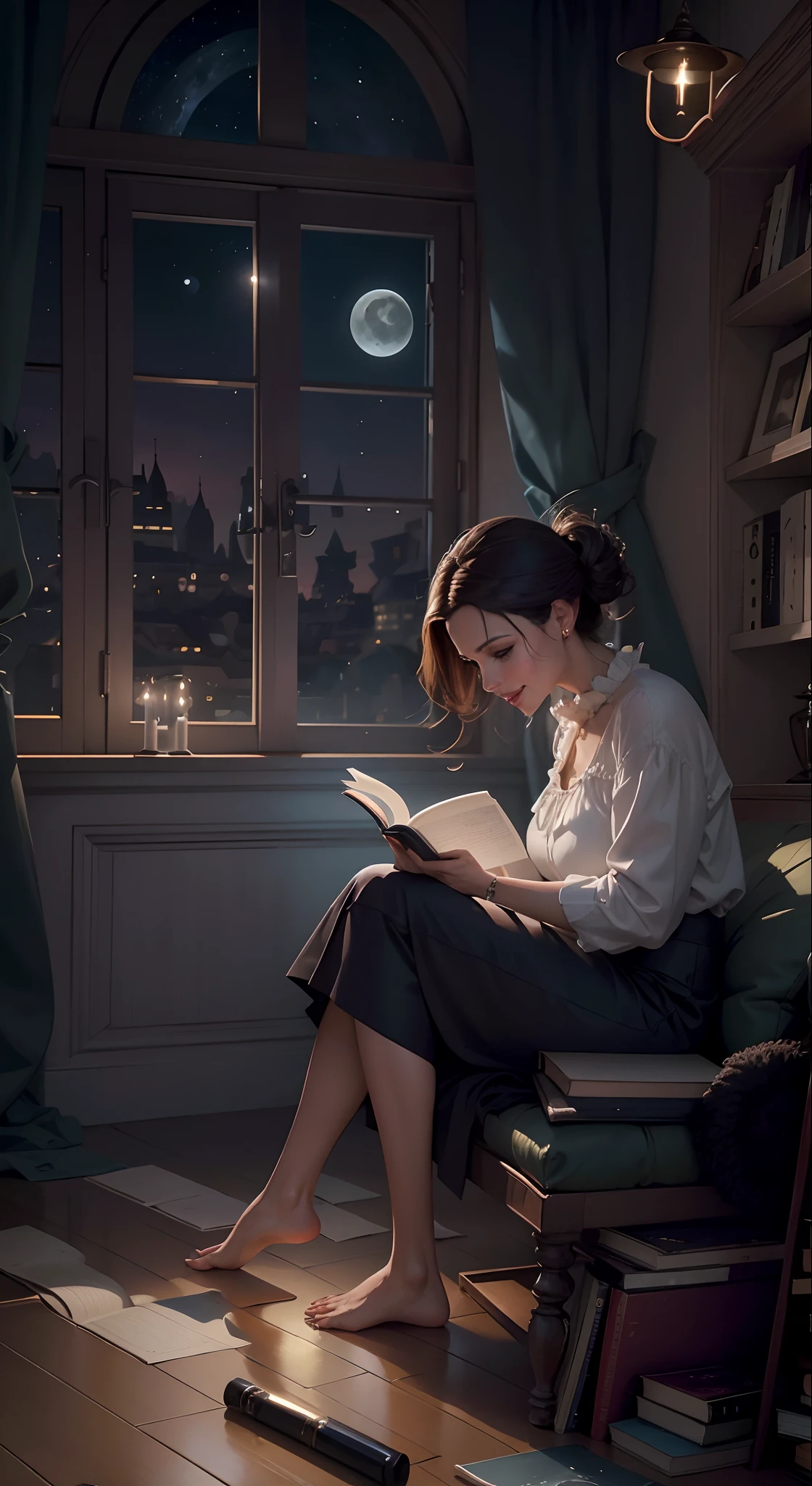 a noite，A woman is reading a book, seios grandes, decote V, linda,  sorrindo, Angelina Jolie, imagem de capa de um livro, capa de revista, letras no topo, moon illumination, clean floor,