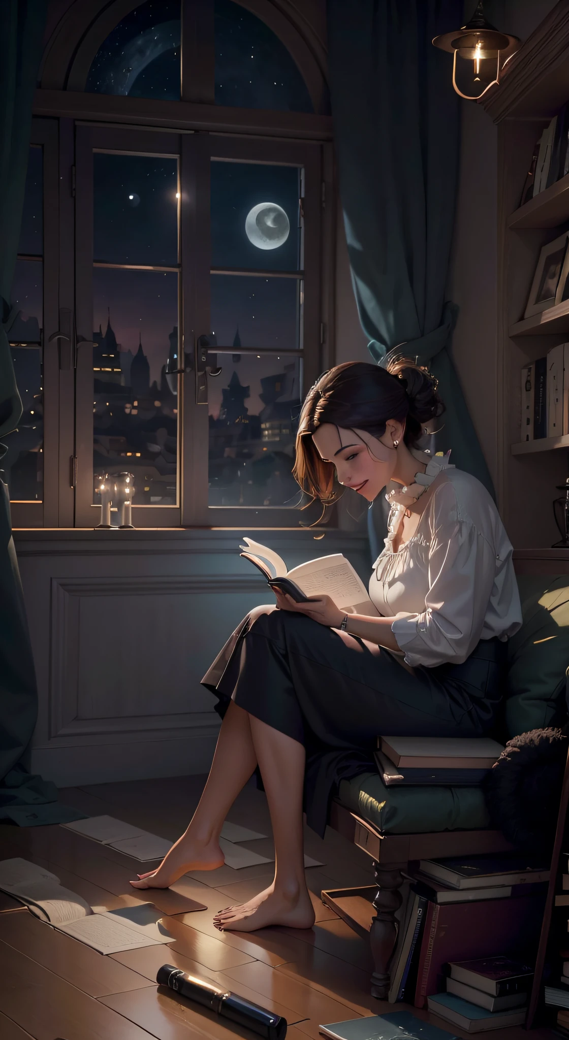 a noite,A woman is reading a book, seios grandes, decote V, linda, sorrindo, Angelina Jolie, imagem de capa de um livro, capa de revista, letras no topo, moon illumination, clean floor,