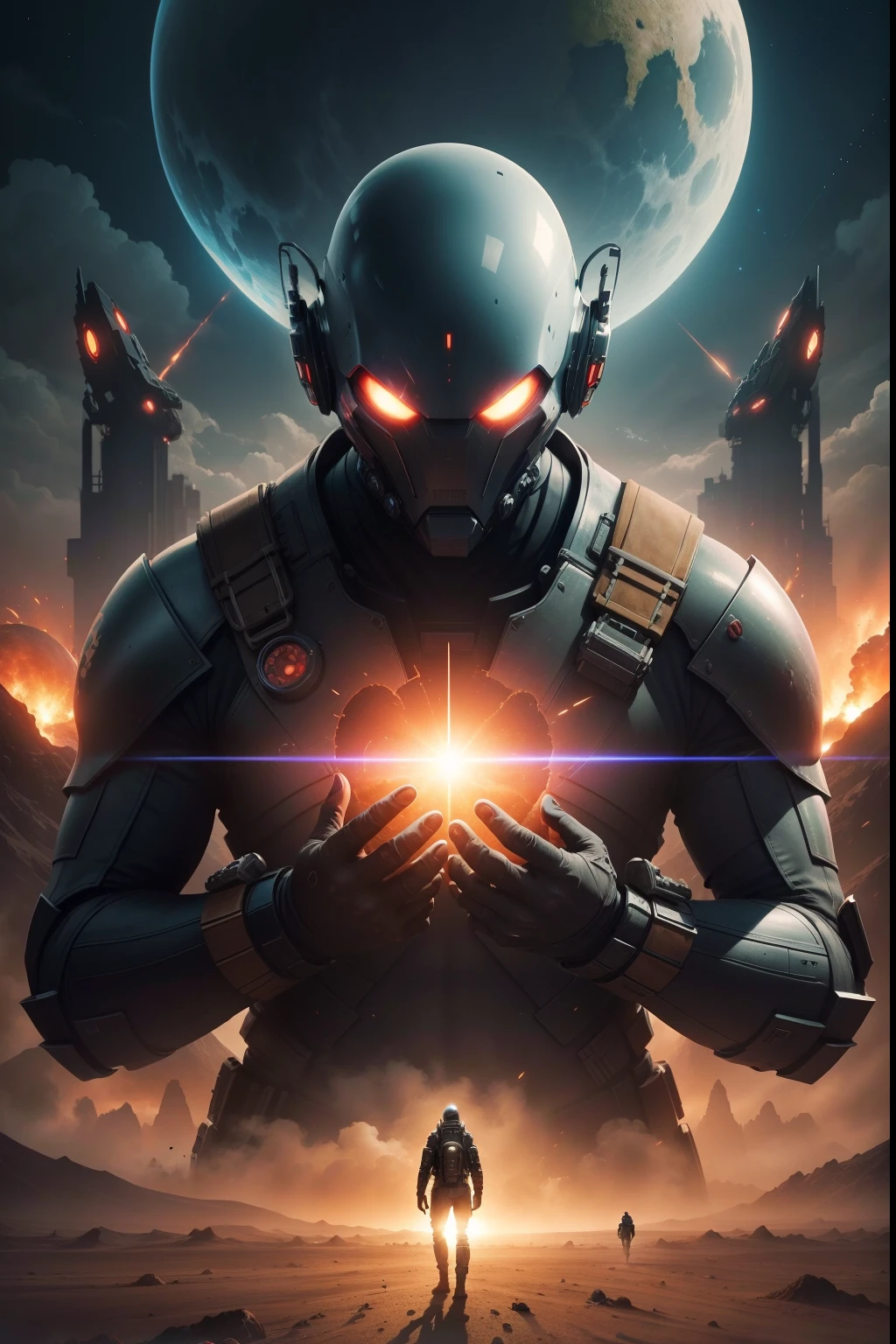 Craft a captivating movie poster that depicts the epic clash between humanity and an advanced alien race. Showcase the looming threat of the alien invaders, the resilience of human defenders, and the otherworldly technology and landscapes, capturing the essence of an intergalactic war for survival gold frame