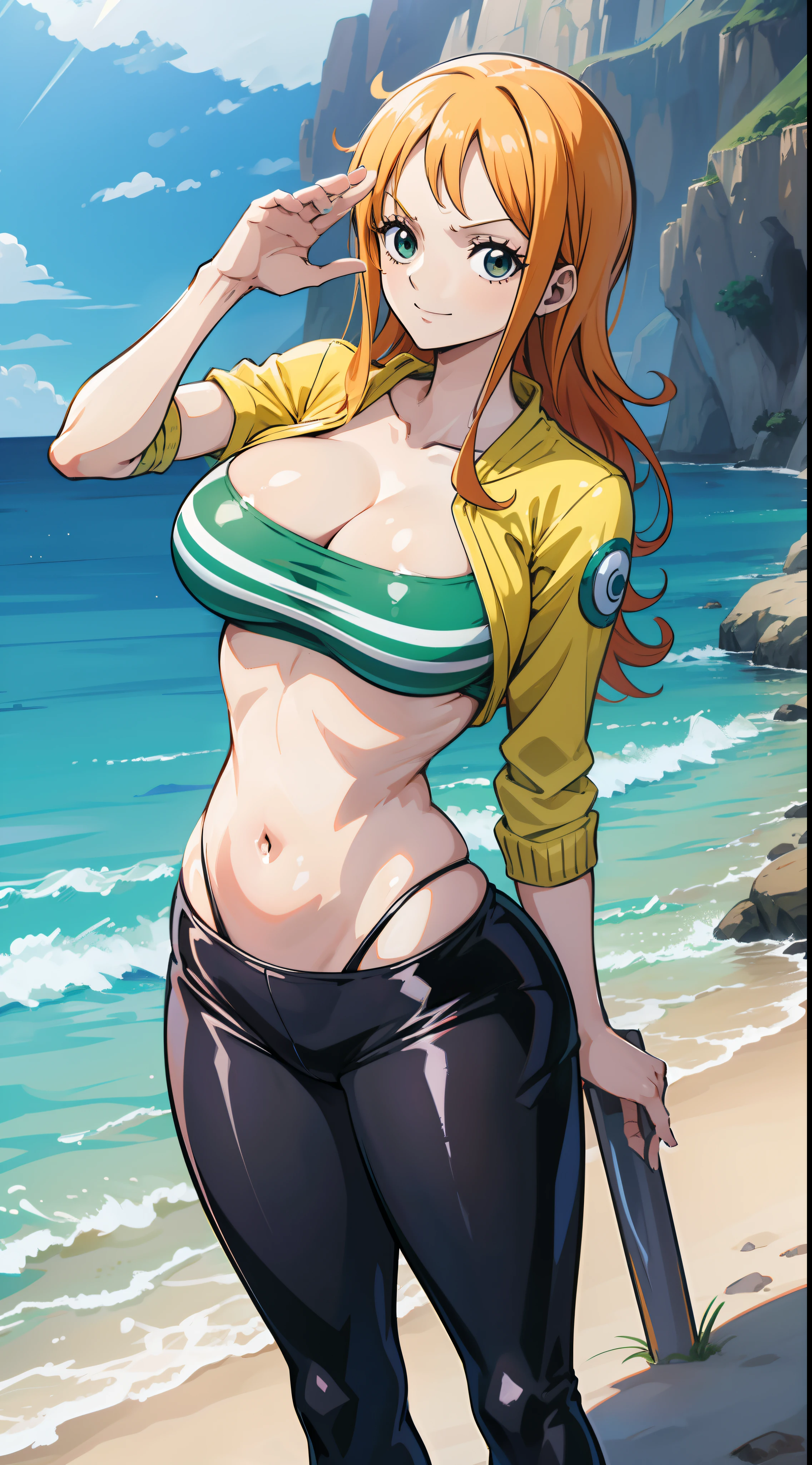 Gere uma imagem realista no estilo anime de Nami de One Piece.(garota madura) (De corpo inteiro e biquini de latex verde ) pose sexy, Capture seu visual diferenciado com o cabelo laranja, uma camisa listrada azul e branca, and a joyful expression, Arremesso longo , corpo inteiro, Athletic curvilinear, mama grande, coxas,