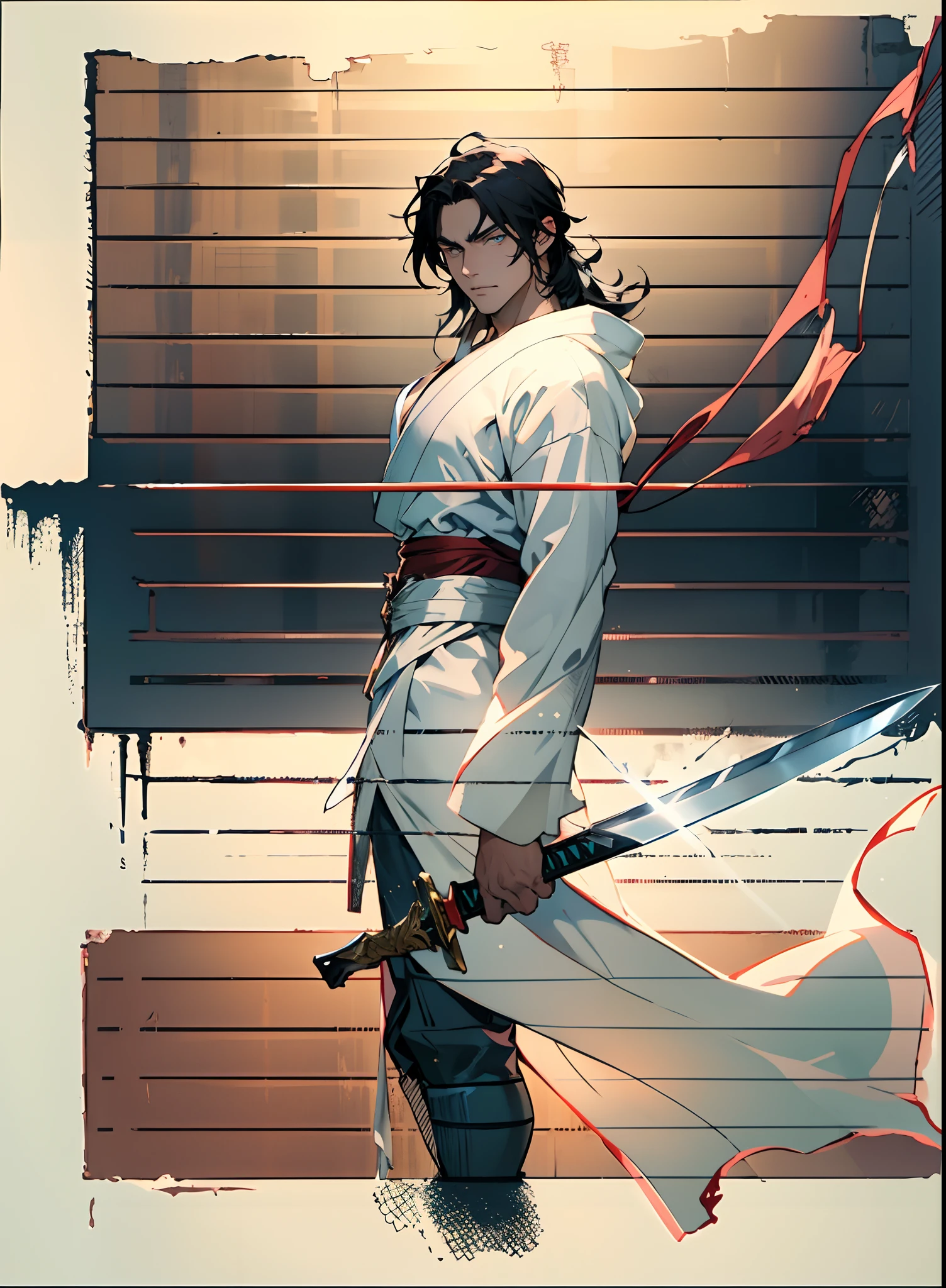 A young man with long black hair, possessing serene and clear eyes, he is dressed in a loose-fitting white robe, with a sky-blue satin ribbon tied around his waist, in his hand gracefully wields a long sword with a black scabbard, with an air of transcendence and elegance, he carries himself with a poised and confident demeanor, this character embodies a finely crafted Chinese martial hero design in anime, characterized by a sophisticated and mature manga art style, high definition, best quality, highres, ultra-detailed, ultra-fine painting, extremely delicate, professional, anatomically correct, symmetrical face, extremely detailed eyes and face, high quality eyes, creativity, RAW photo, UHD, 8k, Natural light, cinematic lighting, masterpiece:1.5