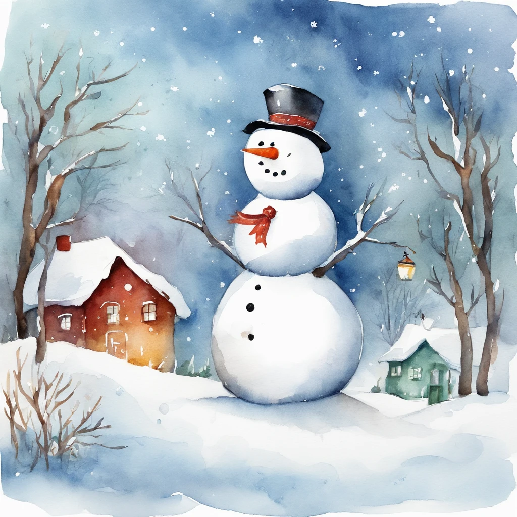 Watercolor winter illustration. Watercolor cute snowman