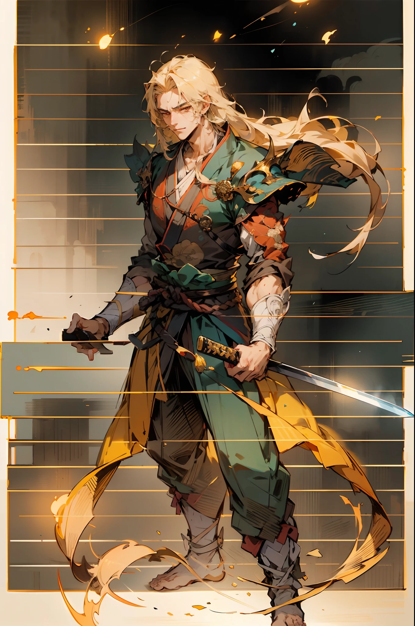 a young man, long golden hair, featuring distinct facial features, he has a proud and arrogant smile on his face, a loose flowing robe that combines elements of fantasy and martial arts styles, holding a long sword in his hand, this character embodies a finely crafted Chinese martial hero design in anime, characterized by a sophisticated and mature manga art style, high definition, best quality, highres, ultra-detailed, ultra-fine painting, extremely delicate, professional, anatomically correct, symmetrical face, extremely detailed eyes and face, high quality eyes, creativity, RAW photo, UHD, 8k, Natural light, cinematic lighting, masterpiece:1.5