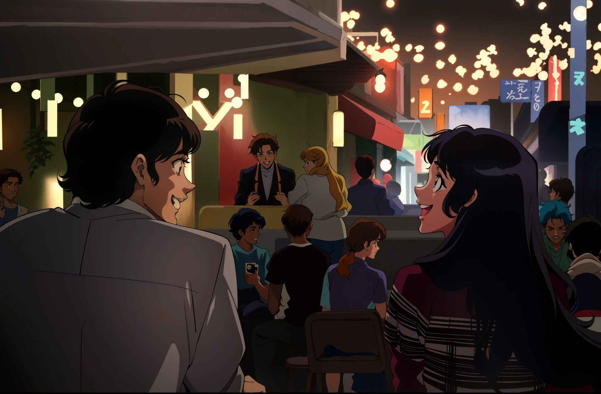 Anime scene, retro anime, 1980s, 1990s, retro aesthetics, couple from behind, girl on the right, guy on the left, cute, retro style, old anime, soft color, muted color, old film photgraph, film grain, happy, laughing, smiling