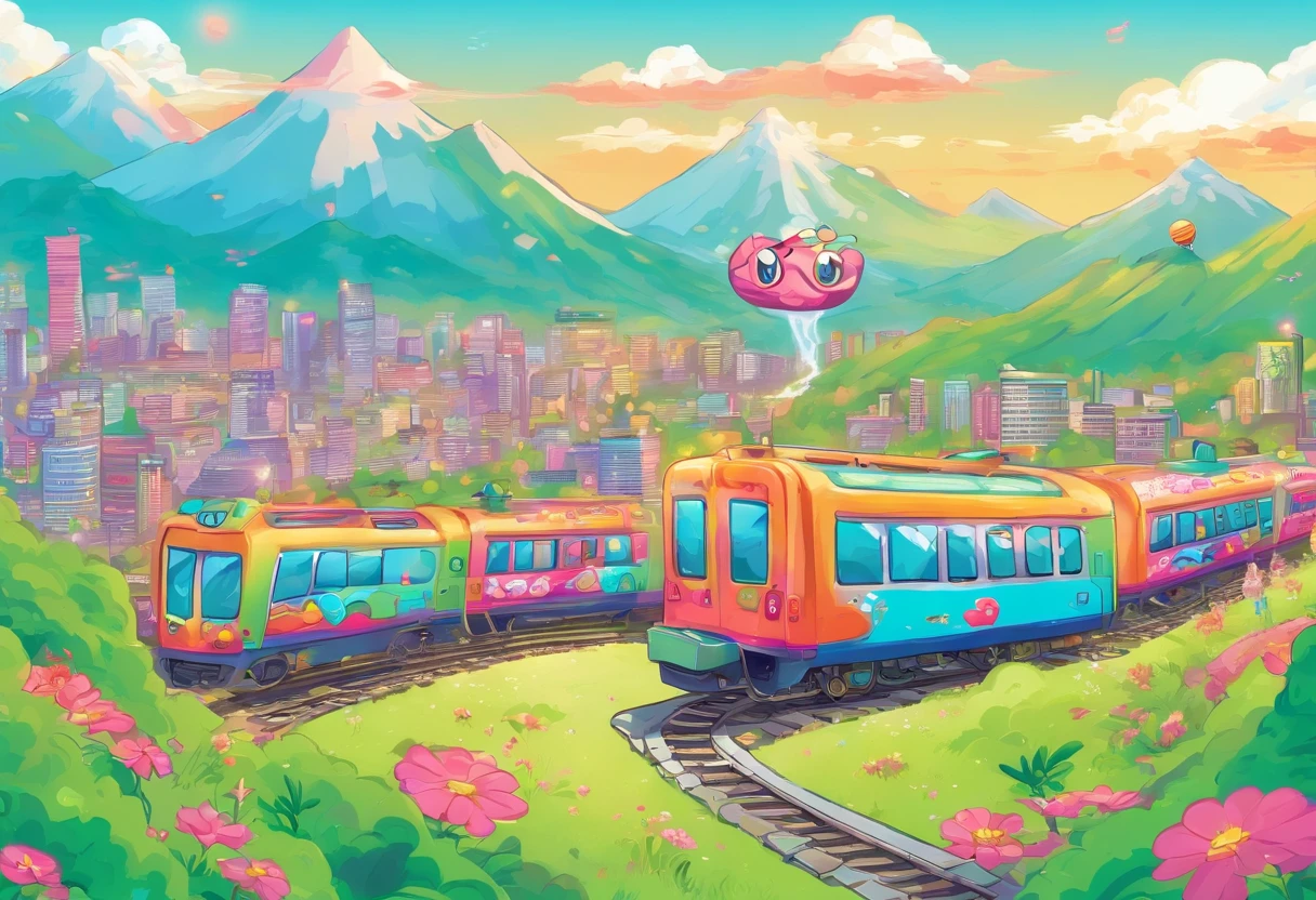 Burning train passing through a mountain as aliens invade the city in the background behind, los alienes vienen en platillos voladores, la ciudad tiene que resaltar