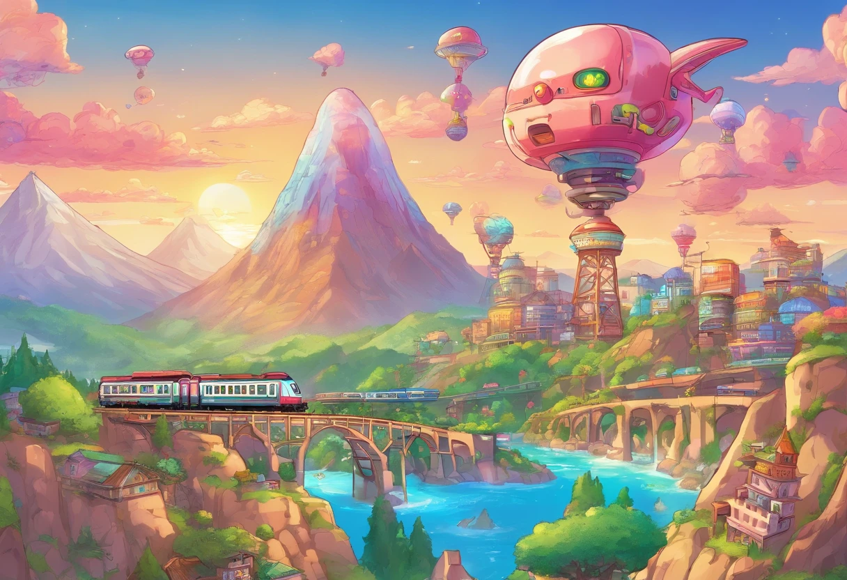 Burning train passing through a mountain as aliens invade the city in the background behind, los alienes vienen en platillos voladores, la ciudad tiene que resaltar