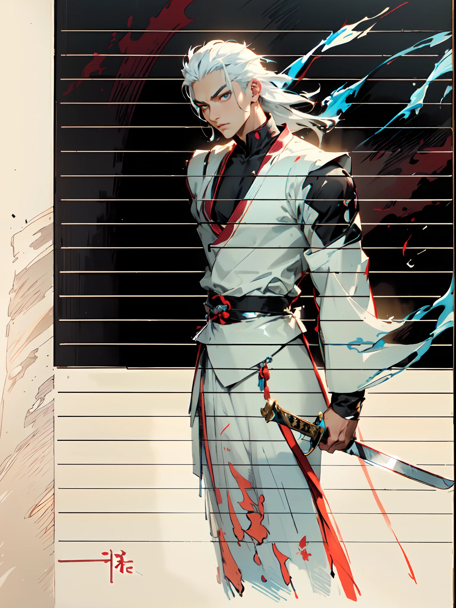 A young man, long half black and half white hair, sharp gaze exudes confidence, dressed in two pieces elegant flowing robe with a martial arts style, holding a slender sword in his hand, he stands proudly in the wind, this character embodies a finely crafted Chinese martial hero design in anime, characterized by a sophisticated and mature manga art style, high definition, best quality, highres, ultra-detailed, ultra-fine painting, extremely delicate, professional, anatomically correct, symmetrical face, extremely detailed eyes and face, high quality eyes, creativity, RAW photo, UHD, 8k, Natural light, cinematic lighting, masterpiece:1.5