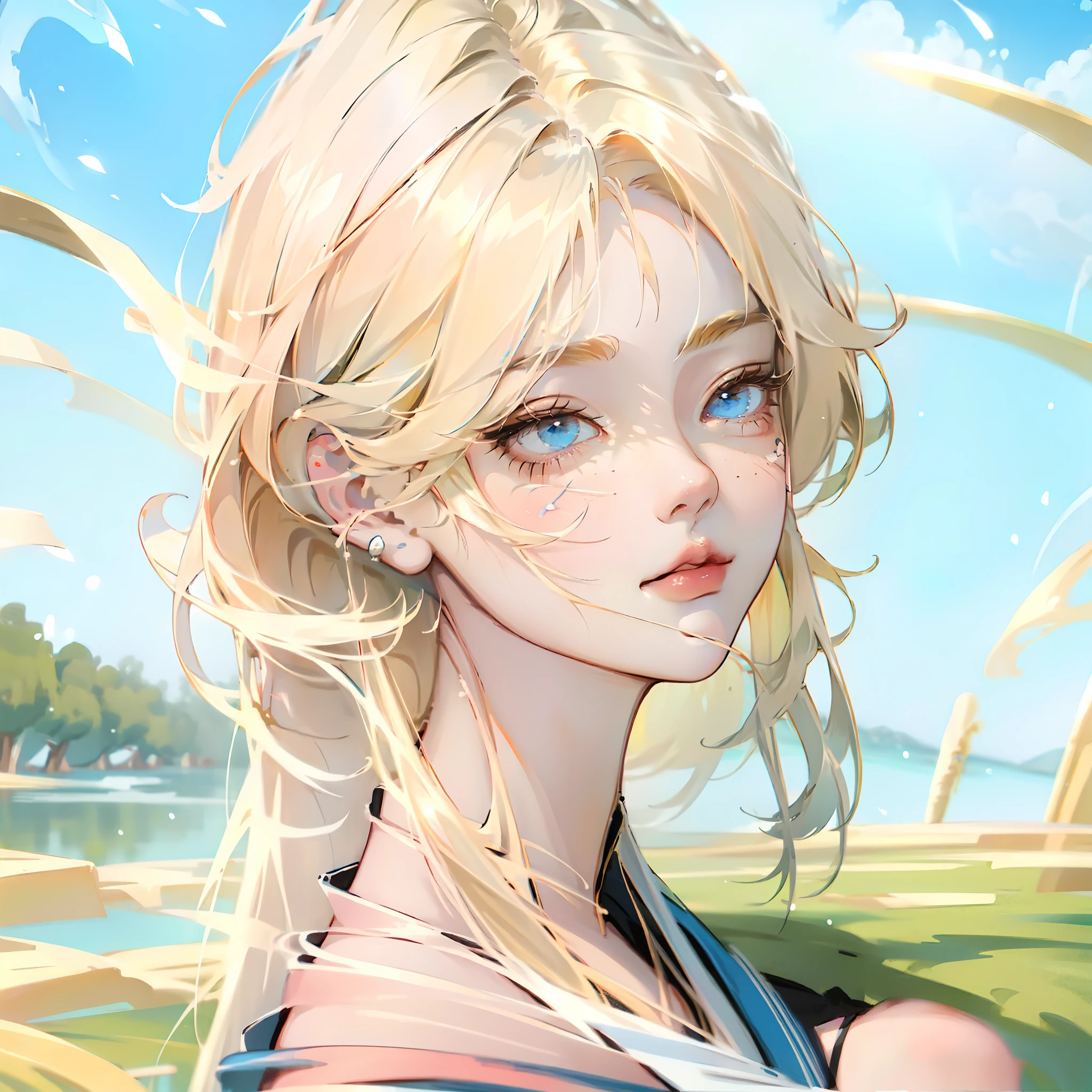 beautiful Landscape, Anime Landscaping, anike girl in front, Blonde hair and beauty face, have blue eyes