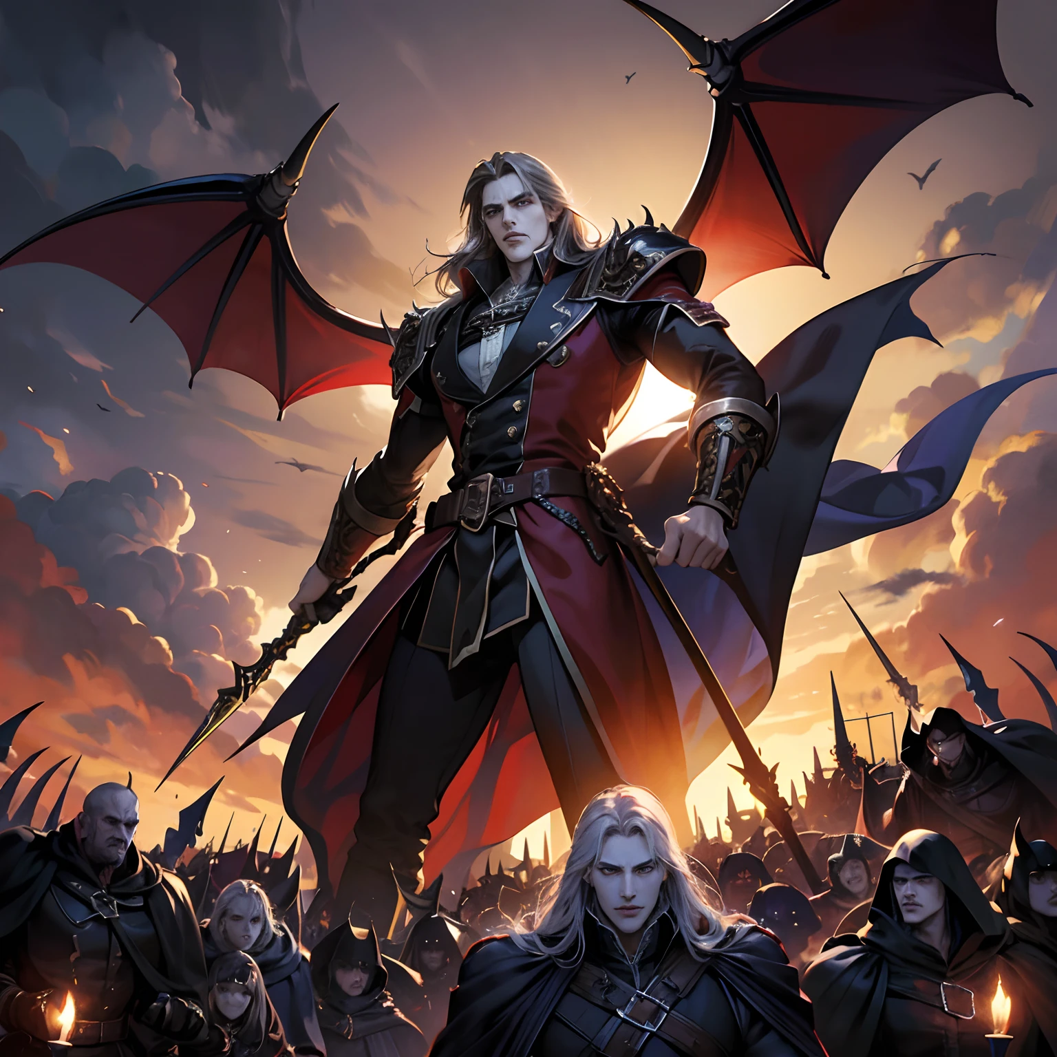 Castlevania Shadow Lord handsome muscular Lord Dracula leading troops armed with demons to war hyper realistic super detailed Dynamic pose super detailed faces hyper realistic super detailed