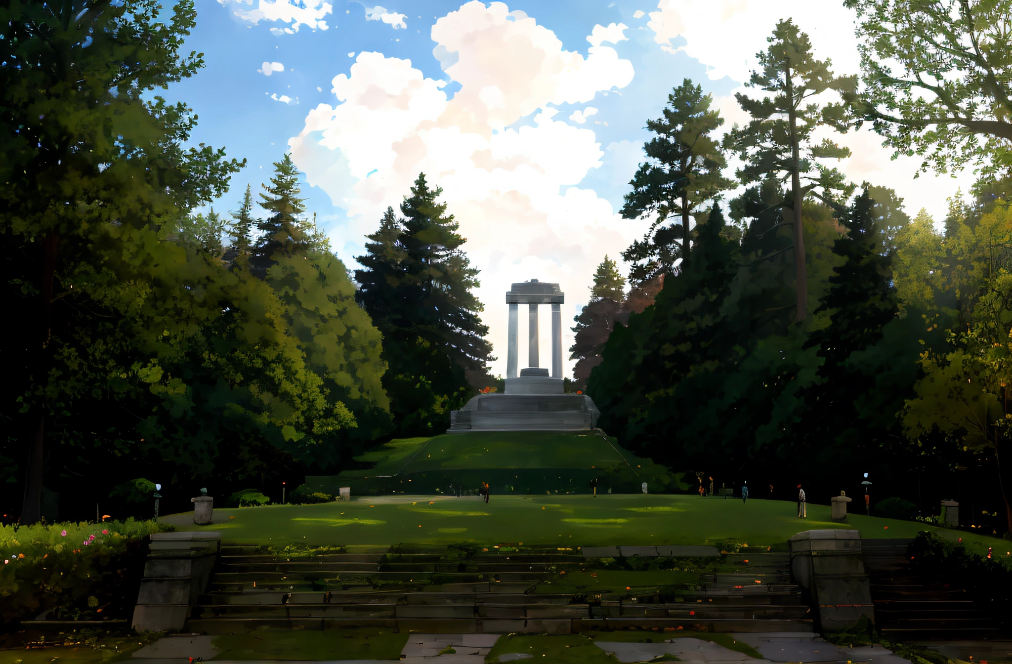 there is a monument in the middle of a park, anime scenery concept art, anime scenery, park background, the motherland calls, environment painting, environment art, opening scene, scenery game concept art, painted as a game concept art, anime background art, made with anime painter studio, beautiful anime scenery, detailed scenery