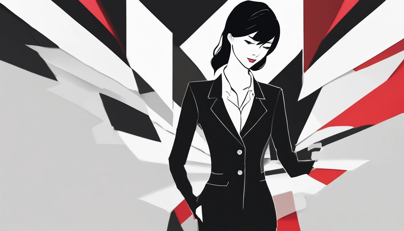 Japanese Business woman in a black suit, white shirt and black pants posing suit for a picture on the white backround, Business woman in a black suit, white shirt