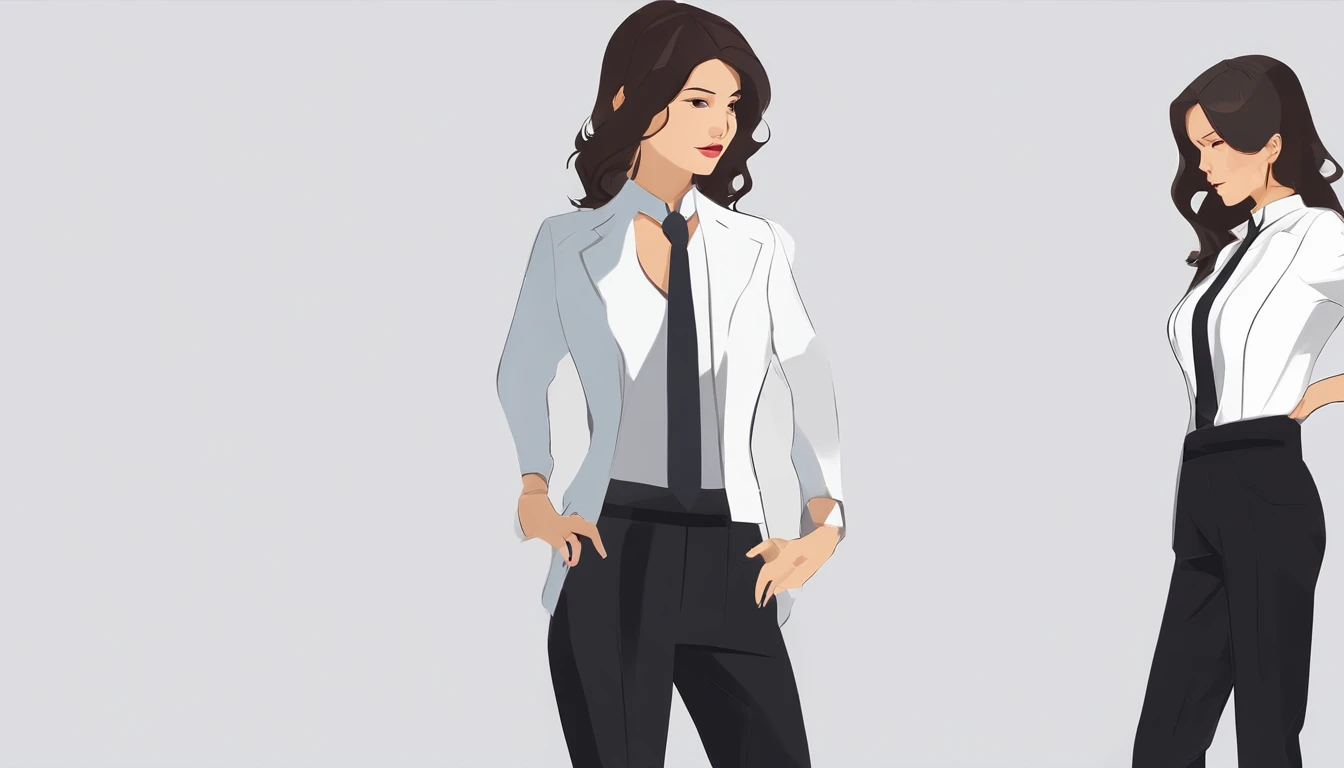 Japanese Business woman in a black suit, white shirt and black pants posing suit for a picture on the white backround, Business woman in a black suit, white shirt