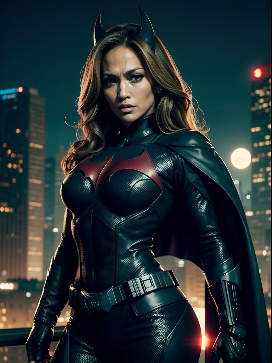 Jennifer Lopez in sexy cyberpunk Batwoman suit, detailed face, photorealistic, 35mm, ultra detailed, 8k, moonlight background gotham city.