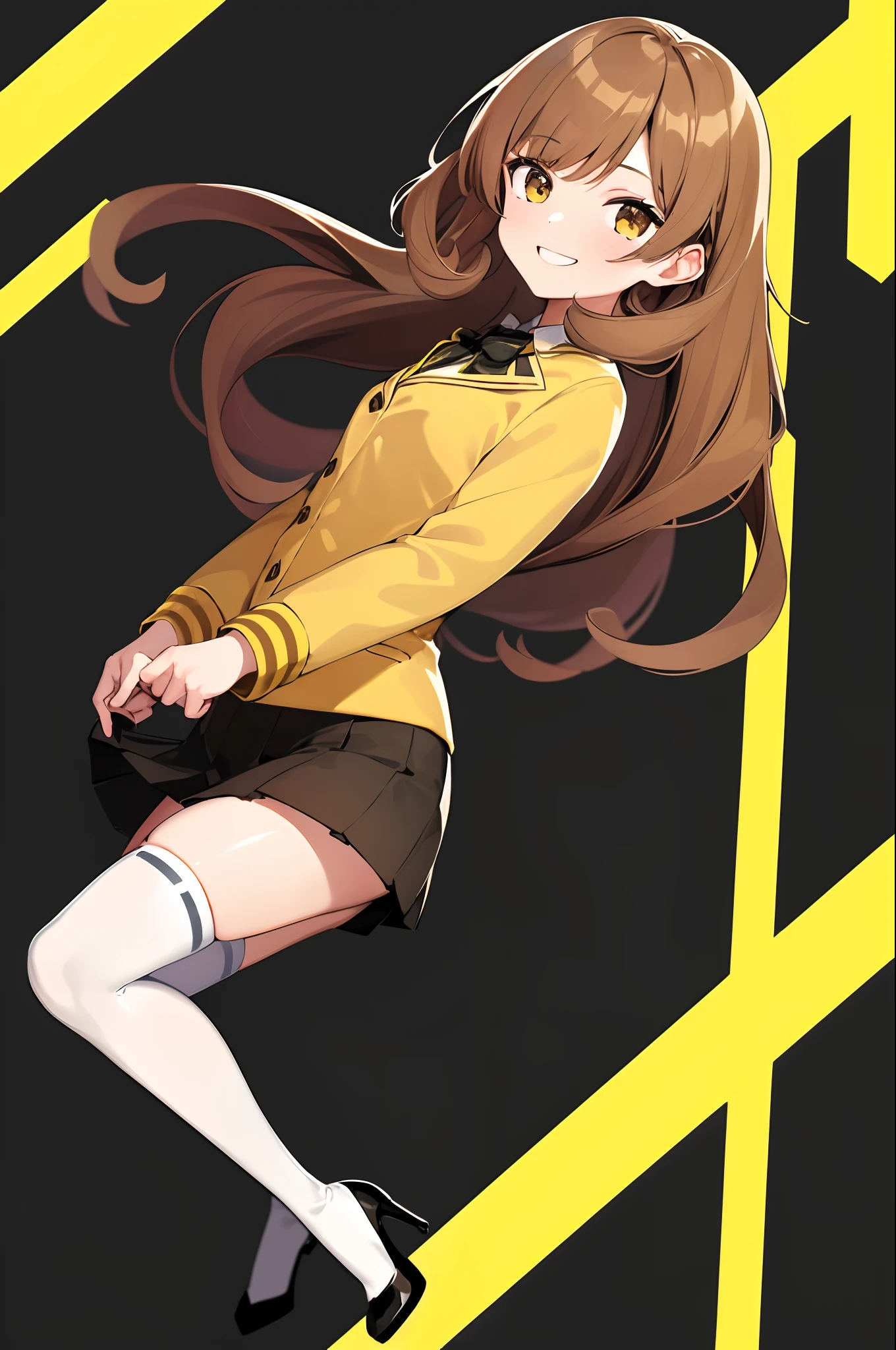 1girl, solo, full_body, brown_hair, long_hair, curly_hair, hazel_eyes, yellow_school_uniform, yellow_blazer, yellow_pencil_skirt, white_thigh_high_socks, black_high_heels, smile, artist_name, flat_color