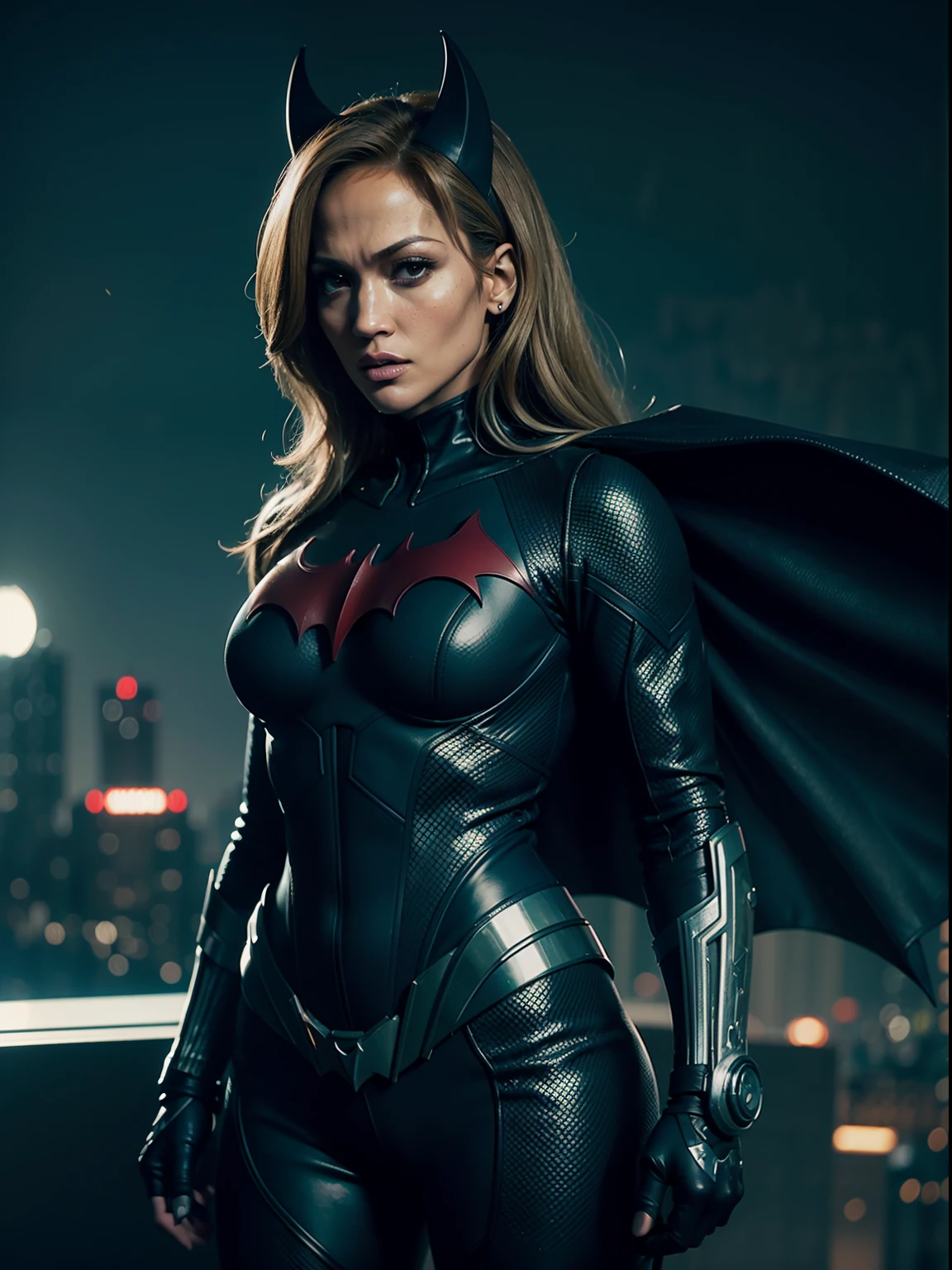 Jennifer Lopez in sexy cyberpunk Batwoman suit, detailed face, photorealistic, 35mm, ultra detailed, 8k, moonlight background gotham city.