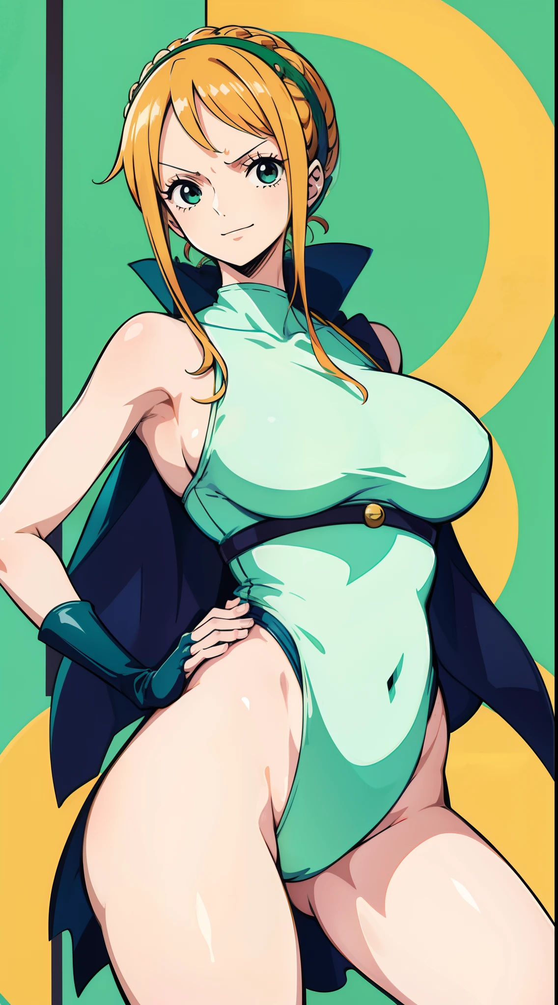 Gere uma imagem realista no estilo anime de Nami de One Piece.(garota madura) (De corpo inteiro e biquini de latex verde ) pose sexy, Capture seu visual diferenciado com o cabelo laranja, uma camisa listrada azul e branca, and a joyful expression, Arremesso longo , corpo inteiro, Athletic curvilinear, mama grande, coxas,