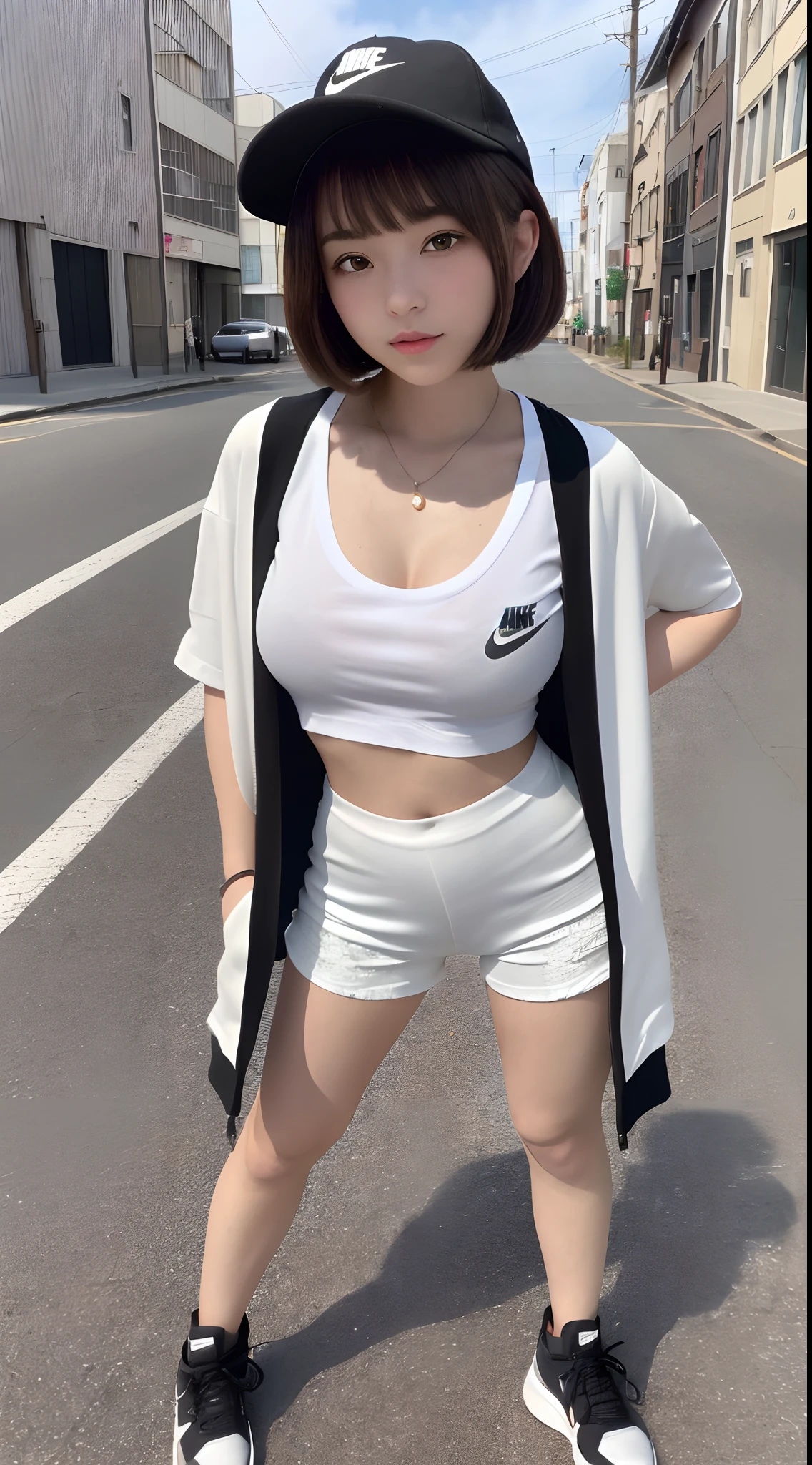 (8K, 超A high resolution, Best Quality, masutepiece:1.2),(18year old:1.2)、(Look away)、8K、RAW portrait of japanese girl、Photorealsitic、超A high resolution、top-quality、 (quite massive chest、cleavage of the breast:1.2)(White T-shirt、shortpants、Wearing a black jacket:1.4)、(in a street:1.2) BREAK (Natural Skin Texture、Detailed skin、Hyper-Realism、ultra sharpness)、intricate detailes、depth of fields、(Brown-haired short-haired、Nike sneakers、Wearing a hat sideways:1.2)(Bring your chest together with your arms、Open your legs wide to the sides、Niō Standing:1.3)