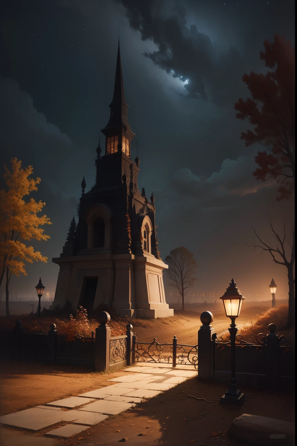 A painting of an autumn landscape, dead trees, dead tree branches and dirt, a giant square tomb, a wrought iron fence, night time light, dark sky.