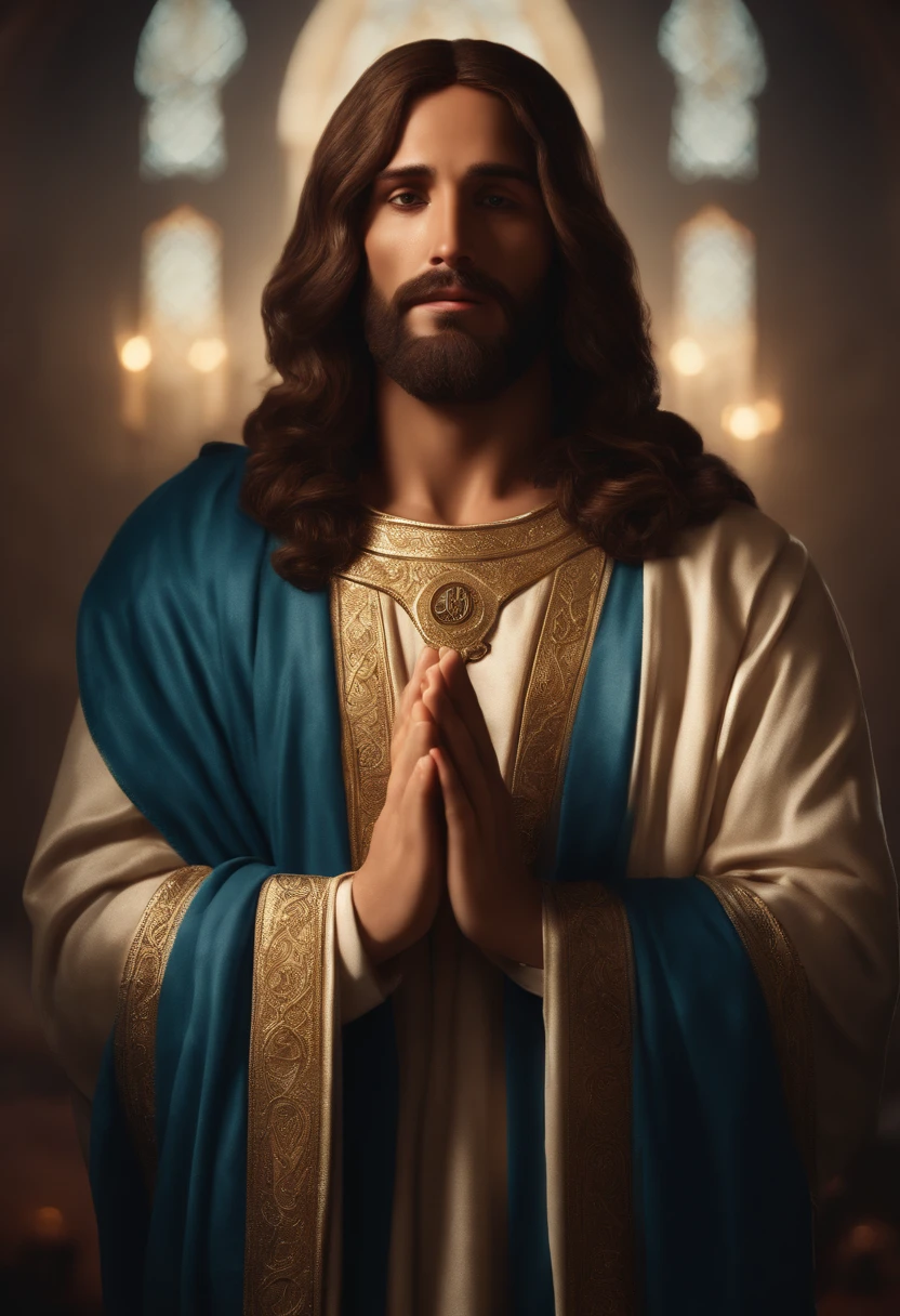 Image of Jesus with hands up in prayer robes with bluish, Jesus Cristo, Jesus, rosto de Jesus, Retrato de Jesus Cristo, Jesus Cristo Fumando um Blunt, he is greeting you warmly, jesus of nazareth, Jesus Gigachade, Jesus Cristo em Mass Effect, with his hands in his hair, ! holding in his hand !