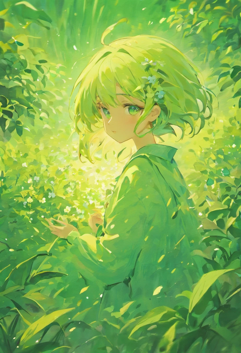 Blooming flowers flutter in the wind，The boy in the flower，Light green and silver design，Pay attention to the texture of the skin and flowers，Sony FE 12-24mm F/2.8 gm，Impressionist garden，Proficient in calligraphy，eco-friendly craftsmanship，Brush stroke exploration