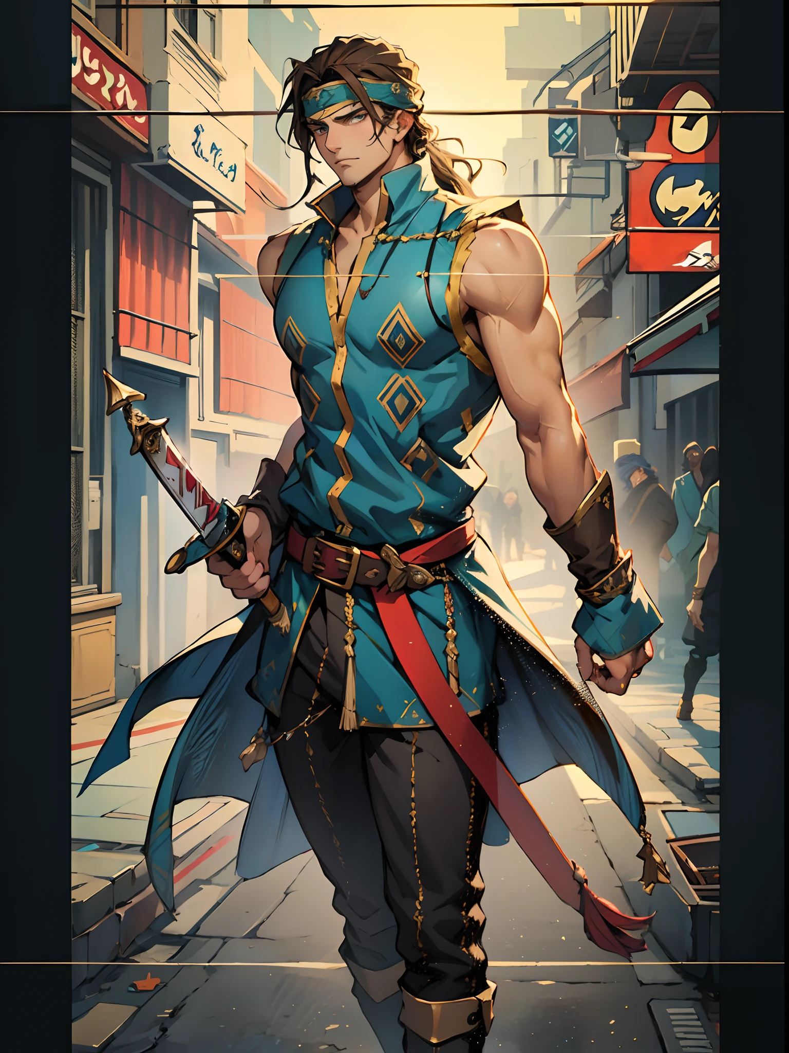a young man, long brown hair, a cloth band tied around his forehead, deep and resolute eyes, determined expression, a fantasy-style undershirt with influences from Central Asian ethnic clothing, layered with a sleeveless fantasy-style outer coat, he holds a fantasy-style longsword, this character embodies a finely crafted fantasy-style swordsman design in anime, characterized by a sophisticated and mature manga art style, high definition, best quality, highres, ultra-detailed, ultra-fine painting, extremely delicate, professional, anatomically correct, symmetrical face, extremely detailed eyes and face, high quality eyes, creativity, RAW photo, UHD, 8k, Natural light, cinematic lighting, masterpiece:1.5