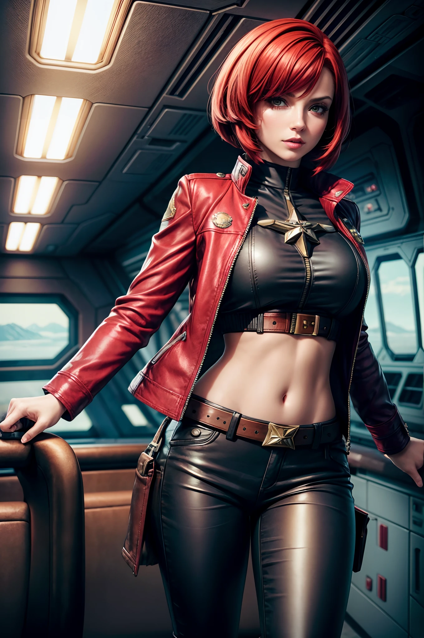 Layered Bob, Ruby Red hair, beautiful woman, starship captain, short jacket, cowboy shot, flirty, military bearing, standing, pirate, on a starship bridge, leather pants,