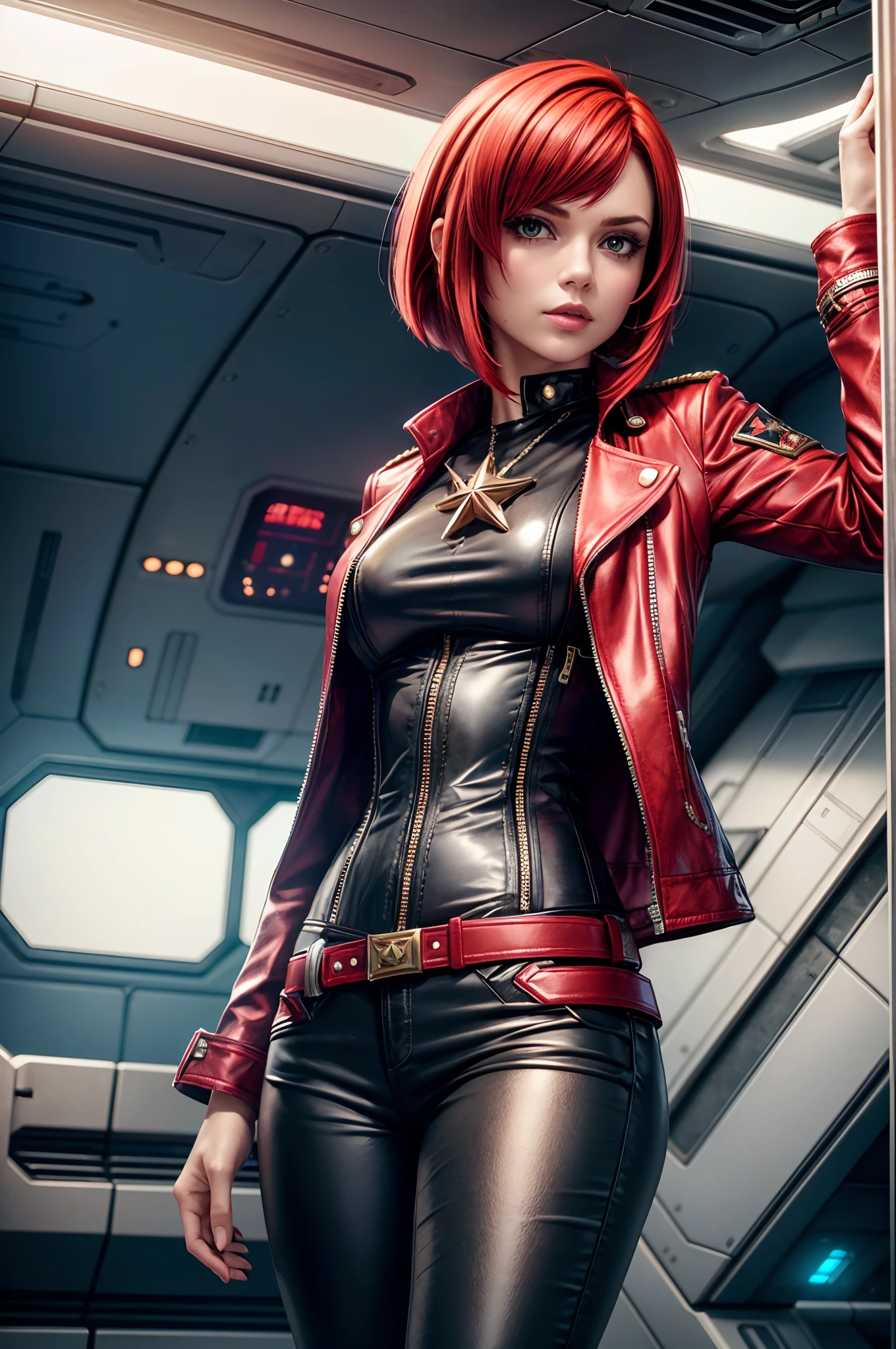 Layered Bob, Ruby Red hair, beautiful woman, starship captain, short jacket, cowboy shot, flirty, military bearing, standing, pirate, on a starship bridge, leather pants,