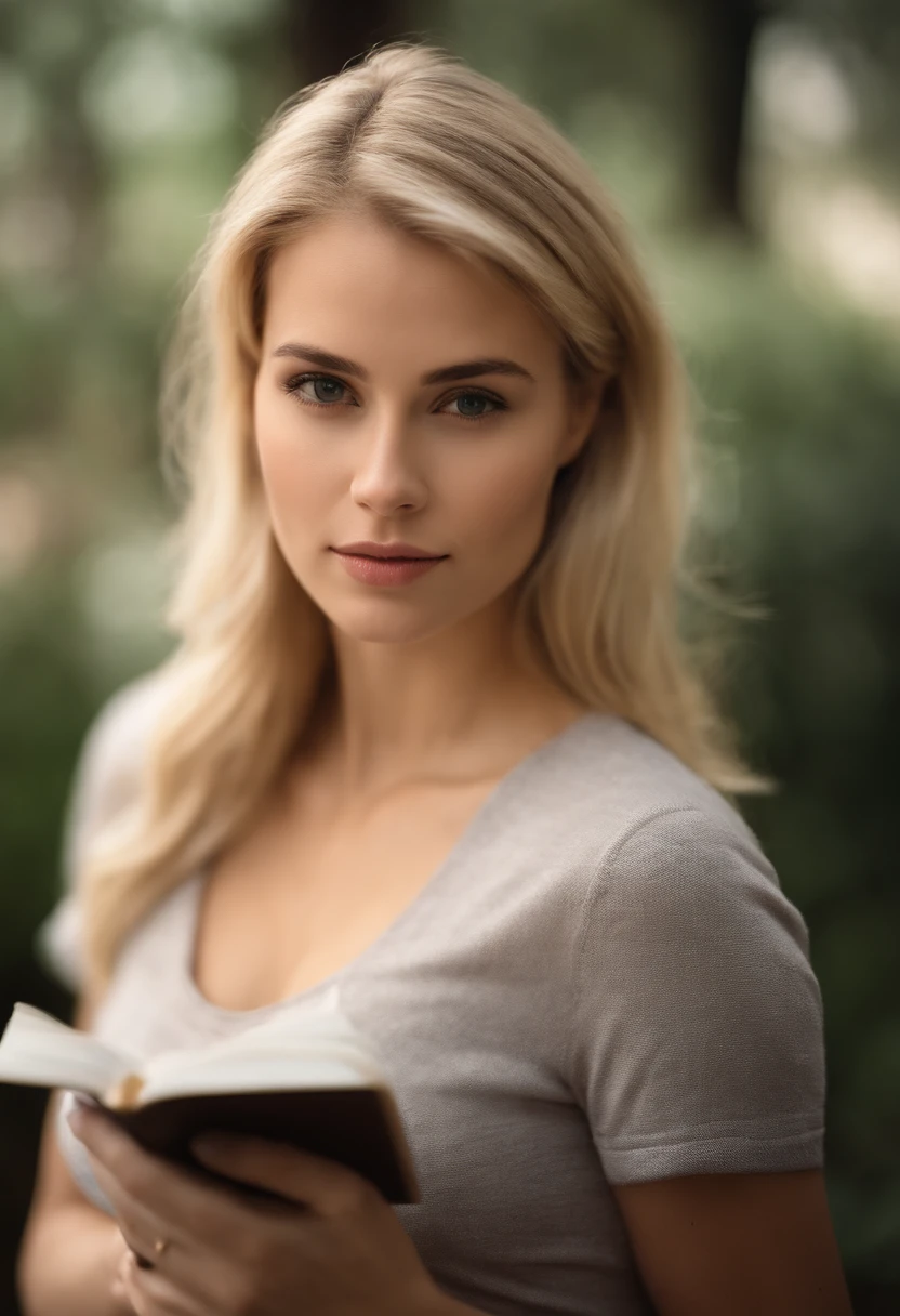 Blonde pretty woman, 24 years old, thin, medium breasts, realistic skin tones, realistic details and complexion, using a journal, journal cover facing camera, woman with journal facing camera, journal cover facing front, pretty girl with journal