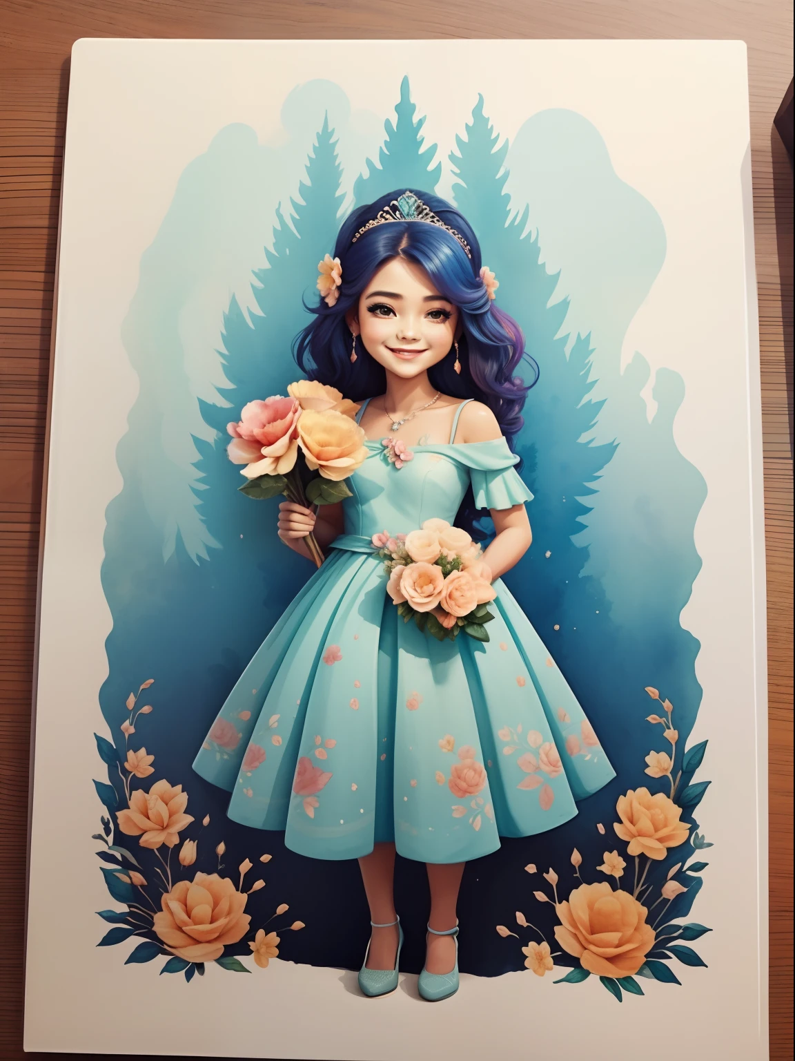 Generate image of beautiful princess standing full length looking forward holding watercolor flowers smiling, Vestido azul floral rosa babado, alta qualidade, Com borda branca ao redor da imagem, Sem png de plano de fundo, 16k, sharped image.