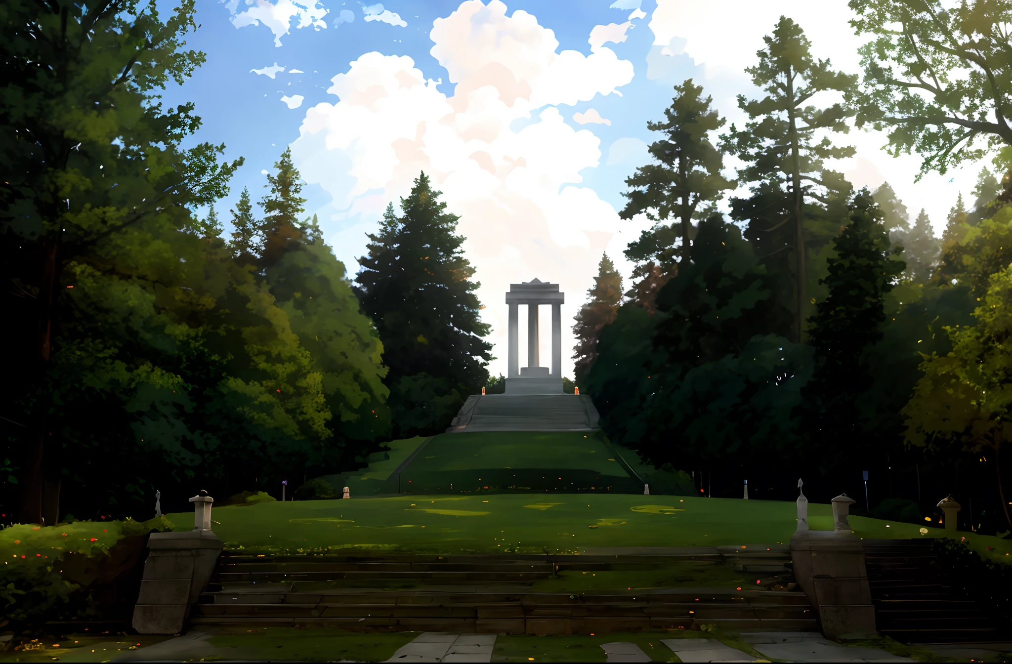 there is a monument in the middle of a park, anime scenery concept art, anime scenery, park background, the motherland calls, environment painting, environment art, opening scene, scenery game concept art, painted as a game concept art, anime background art, made with anime painter studio, beautiful anime scenery, detailed scenery