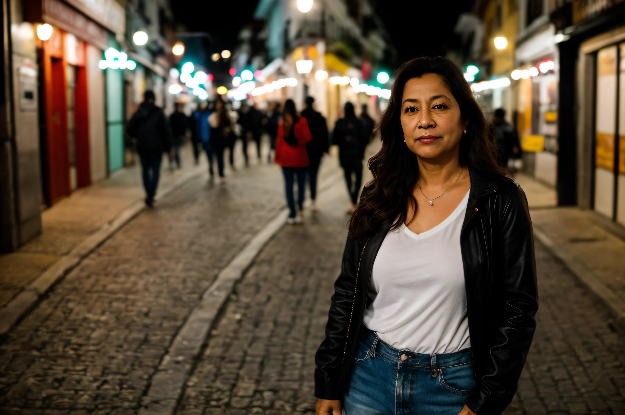 Foto RAW, um retrato de uma brasileira de 30 anos em roupas casuais, noite, rua da cidade, (pele altamente detalhada: 1.2), 8k uhd, dslr, soft-lighting, alta qualidade, grain of film, Fujifilm XT3