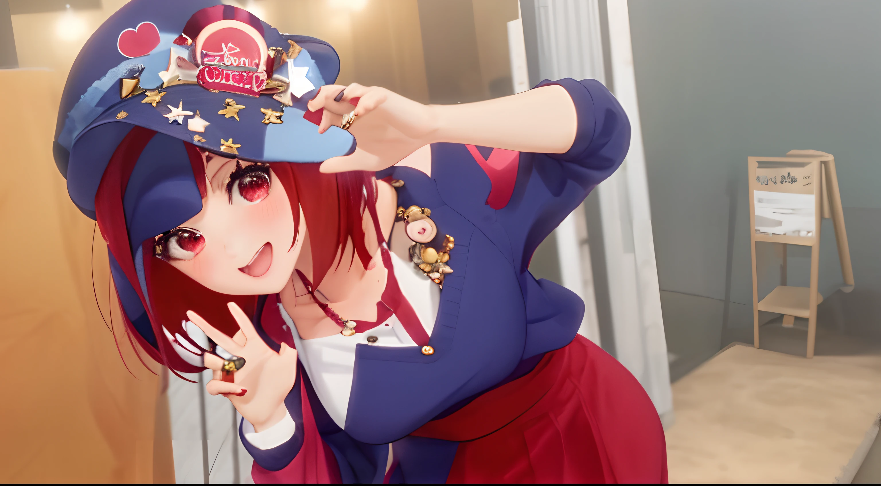 Live Stage, kawaii pose, Red hair color and short bob hair, Cute One Girl, Wearing a dark blue hat, Red Eyes