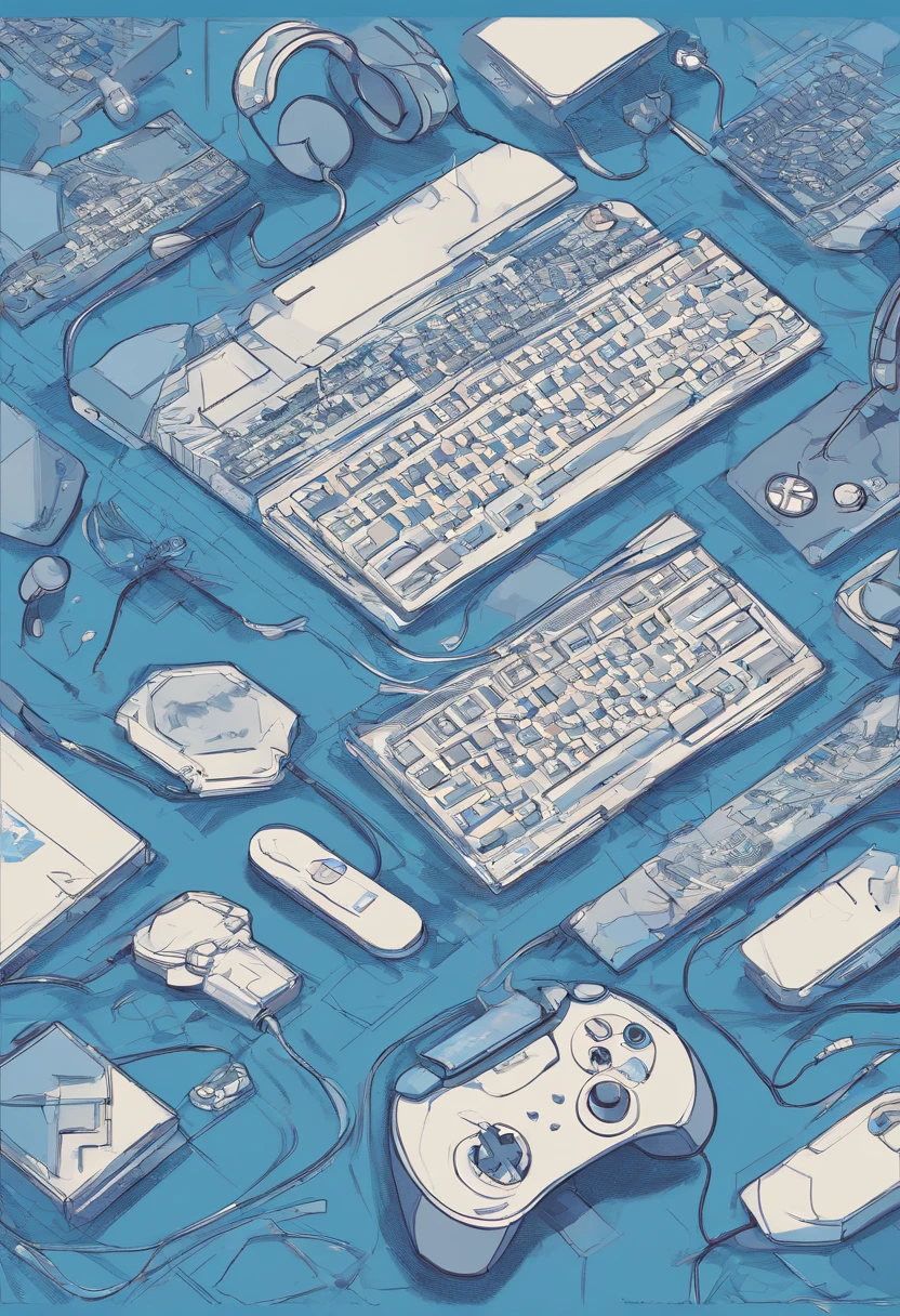 "Create a visual representation of gaming peripherals on a blue background. Place the name 'Jeferoom' in the center of the image and include a console controller on the left, a mouse on the right, a keyboard below and a headphone above, with pixelated blocks decorating the bottom."