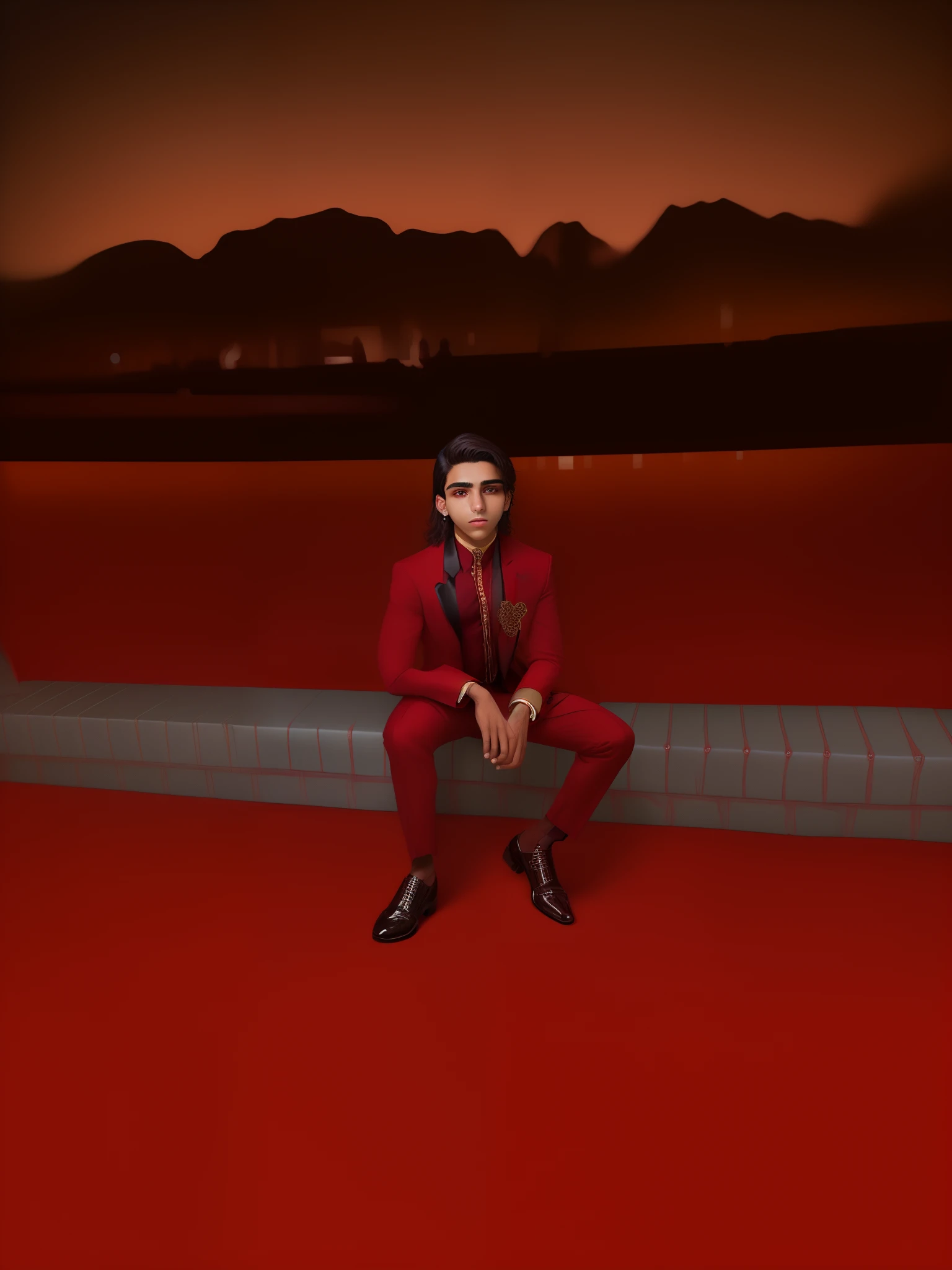 Portrait photo of a beautiful dark brown ethnic Boy, with fashionable hair, 18 years old, wearing a red velvet blazer and pant suit with shirt underneath, Cinematic photo