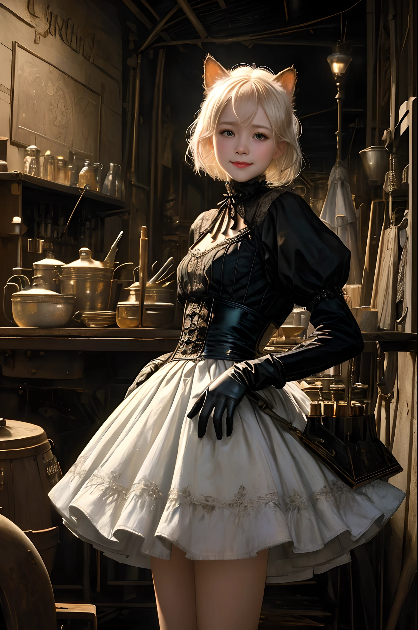 Top image quality、​masterpiece、The ultra -The high-definition、an oil painting、Norman Rockwell's style、Beautiful Nordic girl、A little taller、A gentle smile on his face、Pretty small face、Light makeup、Cat ears on the head、Short platinum blonde hair、middlebreast、big butts、slightly thicker legs、American Wild West、Long Sleeve Gothic Dress、gloves、long  skirt、Inside the mine、lanthanum、Trolley、Three division methods
