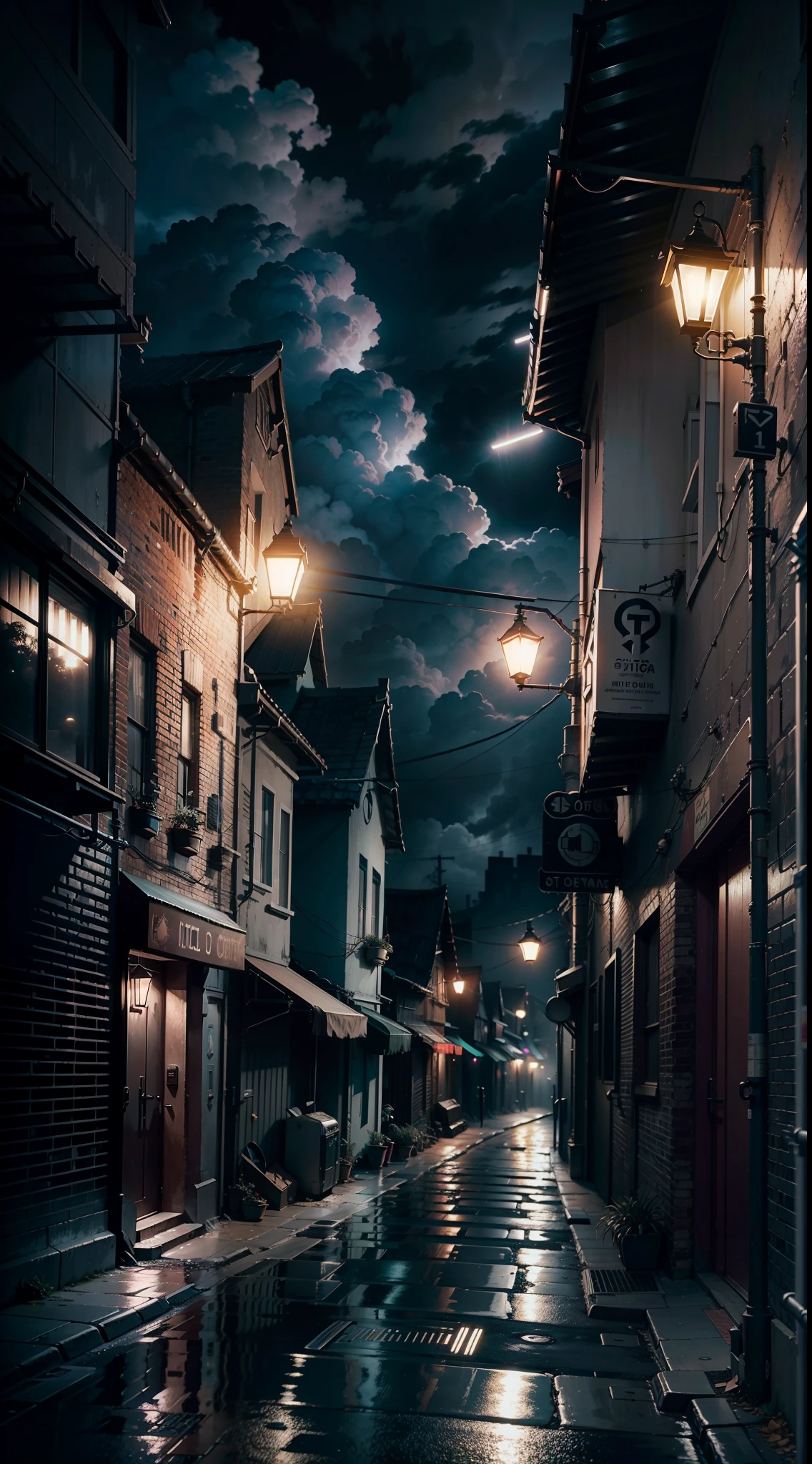 Dystopian lighting of the city alley, lua cheia, detalhes, Soft colors, fog, night, dark sky and black clouds, Realistic, 16k, disco Rigido