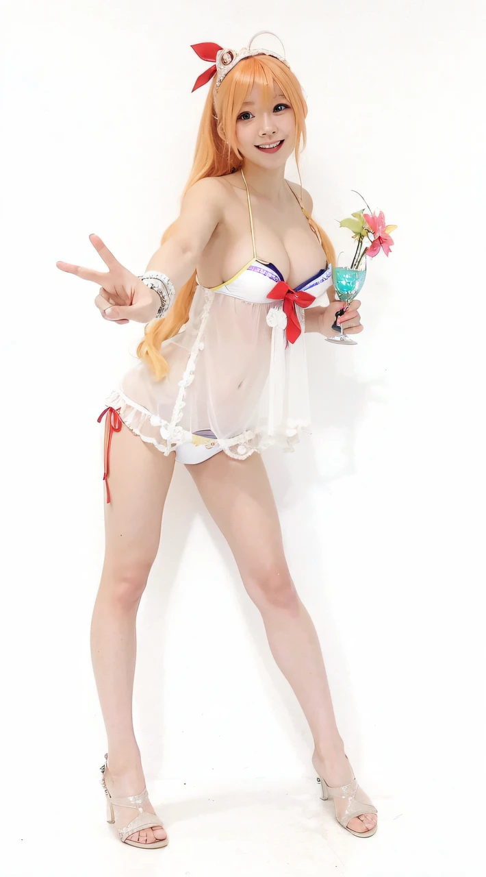 1girl,a sexy woman in a bikini making the peace sign, solo, smiling,open mouth,long hair,blue eyes,cosplayer,cosplaying as pecorine (princess connect!), flower, swimsuit, bikini,attractive orange haired woman in short transparent dress posing for the camera,ahoge,side braid, panties, realistic,huge breasts,big ass,very very narrow shoulders,very very slender arms,cosplayer Enako,very very narrow waist, top-quality, high resolution, 8k, 1girl, with light glowing, a gorgeous, (dynamicposes:0.8), Soft lighting、shinny skin、looking at the viewers、,enakorin