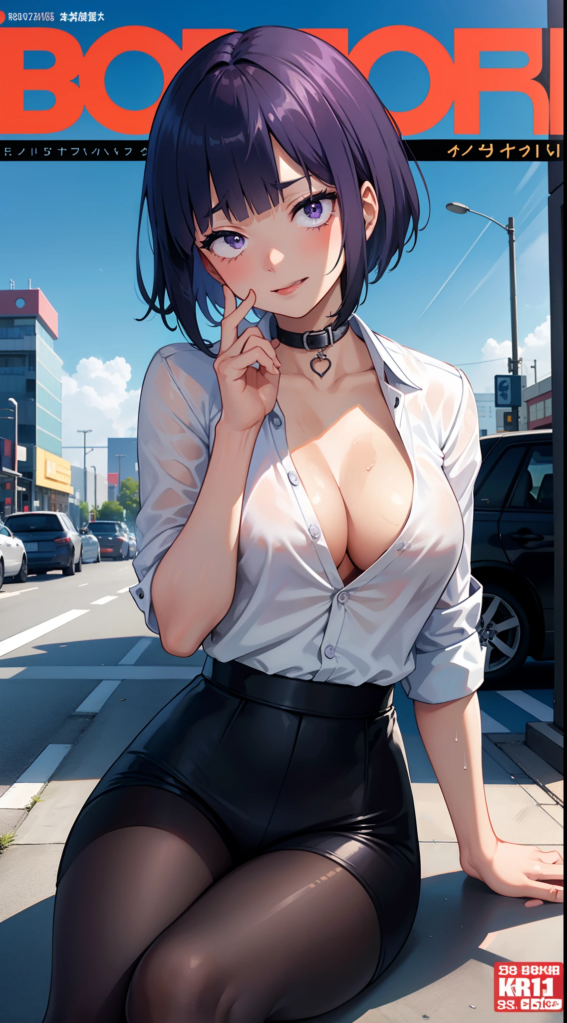 solo girl, (opened white shirt with black shorts pants) , purple bob cut, (background: tokyo, day, cloud, blue sky), big breast, (opened shirt), pleated black necktie, big breast, very hard blushing, dynamic light, light skinned, shiny skin, embarrassed, wet body, wet costume, ((( Magazine Cover ))), (sit in front of car), stick her tongue out, hair sweepted by wind, shiny hair, cleavage, collar