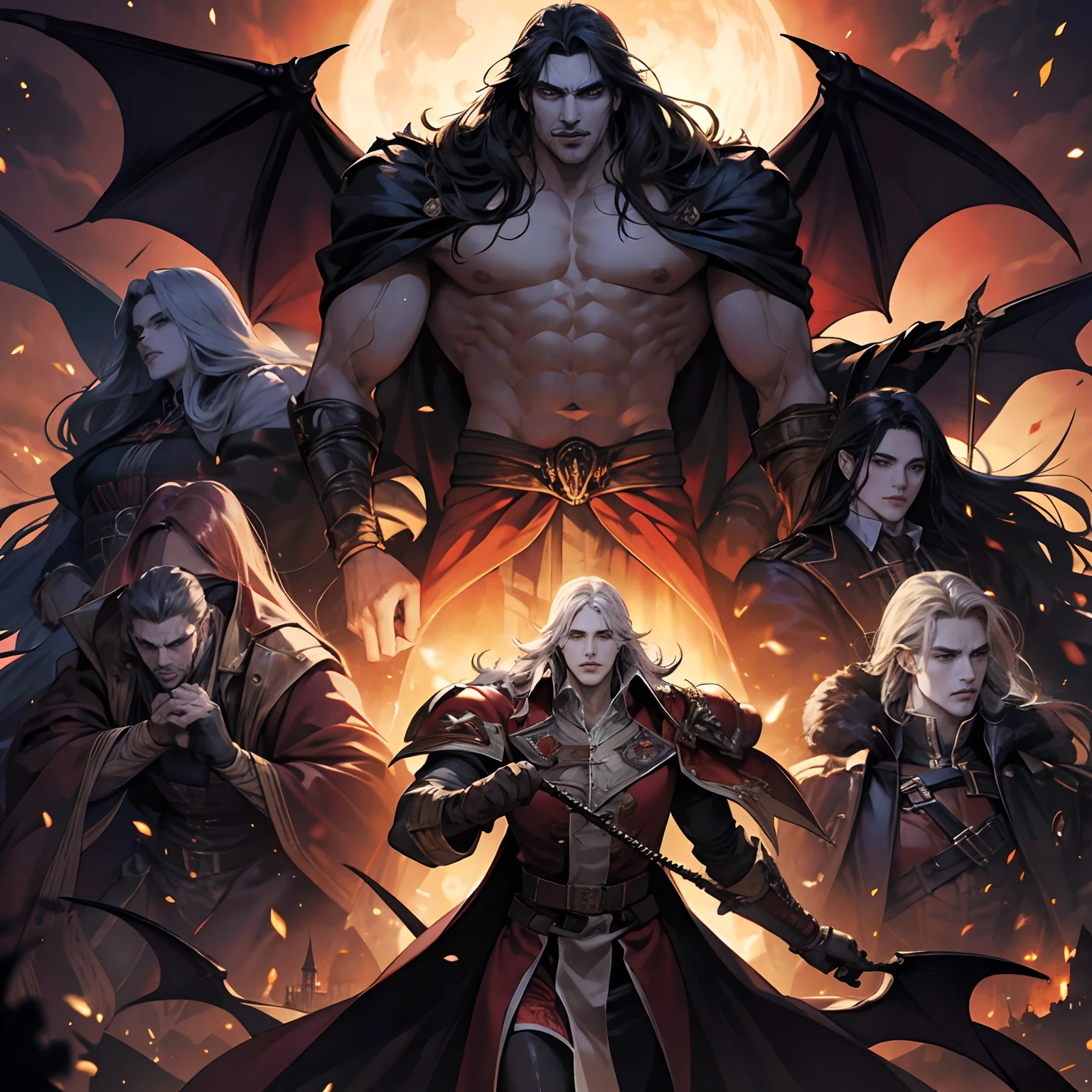 Castlevania Shadow Lord handsome muscular Lord Dracula leading troops armed with demons to war hyper realistic super detailed Dynamic pose super detailed faces hyper realistic super detailed