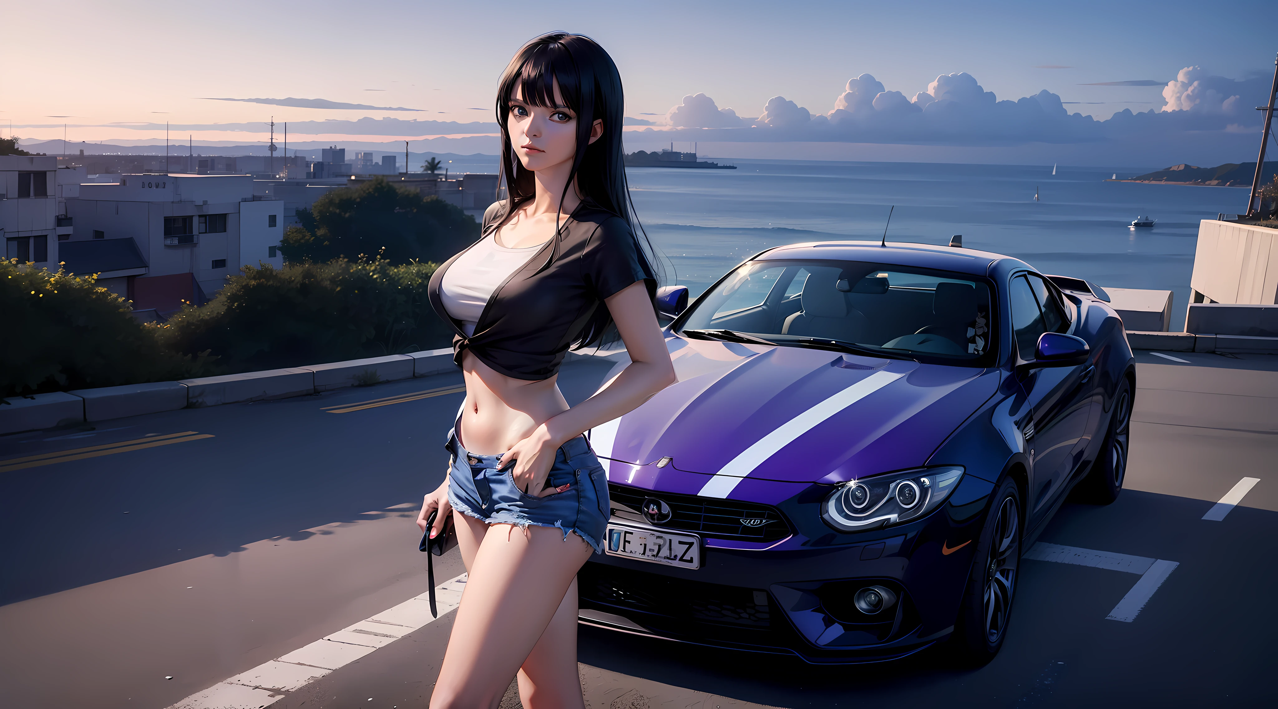 1 woman, nico robin from anime one piece, long hair, black hair, bangs, beautiful, beautiful woman, very beautiful, wearing dark purple t-shirt, short jeans, white Nike shoes, wearing white baseball cap, standing, leaning on car, car, dark purple Lamborghini, parked, looking at the viewer, masterpiece, textured skin, super detailed, high detailed, high quality, best quality, 1080P, HD, 16k
