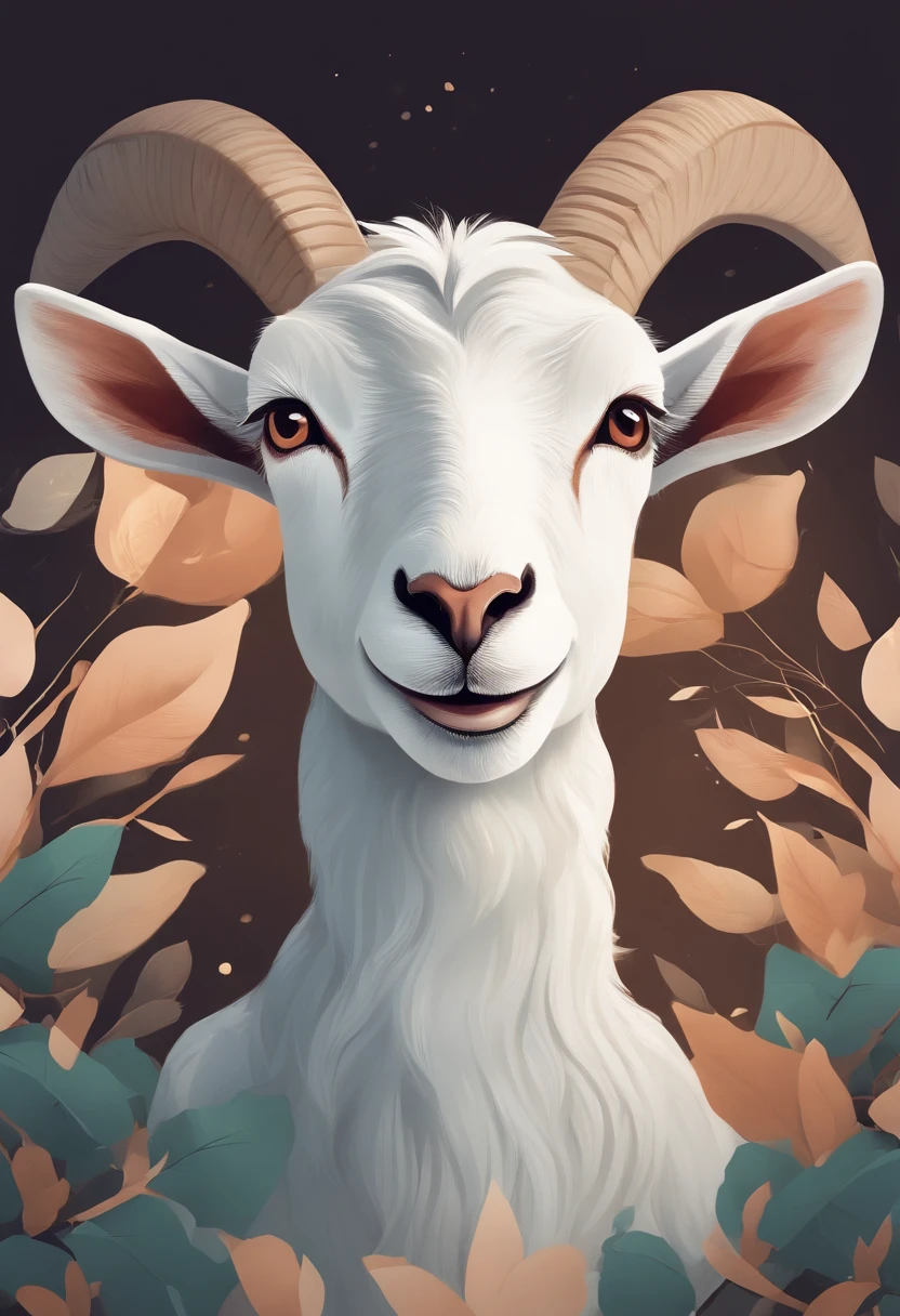 Minimalist logo illustration Vector art type of a smiling goat, frontal, Magic, Crisp design, liso, monochrome white color , Spingo de magia negra, design de camisetas, no estilo do Studio Ghibli, cores tetradicas pastel, arte vetorial 3D, Pescador, Arte de Fantasia, efeito aquarela, Bokeh, Adobe Illustrator, hand-drawn, Pintura digital, baixo-poli, soft lighting, scenic view, isometric style, retro aesthetics, focado no personagem, 4k resolution, photorealistic render, usando o Cinema 4D, lado a lado, Logo, valorant, Motor irreal , elegante, illustration, chamas brancas ,