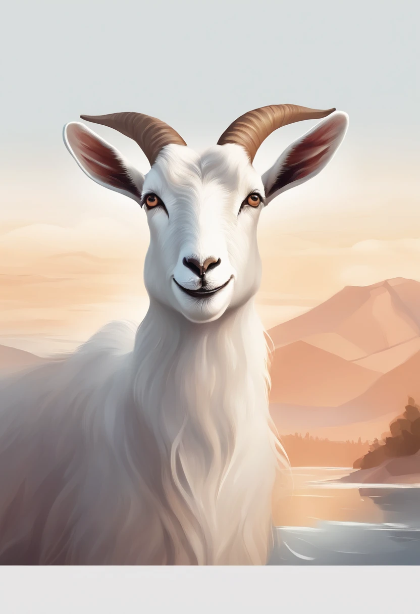Minimalist logo illustration Vector art type of a smiling goat, frontal, Magic, Crisp design, liso, monochrome white color , Spingo de magia negra, design de camisetas, no estilo do Studio Ghibli, cores tetradicas pastel, arte vetorial 3D, Pescador, Arte de Fantasia, efeito aquarela, Bokeh, Adobe Illustrator, hand-drawn, Pintura digital, baixo-poli, soft lighting, scenic view, isometric style, retro aesthetics, focado no personagem, 4k resolution, photorealistic render, usando o Cinema 4D, lado a lado, Logo, valorant, Motor irreal , elegante, illustration, chamas brancas ,