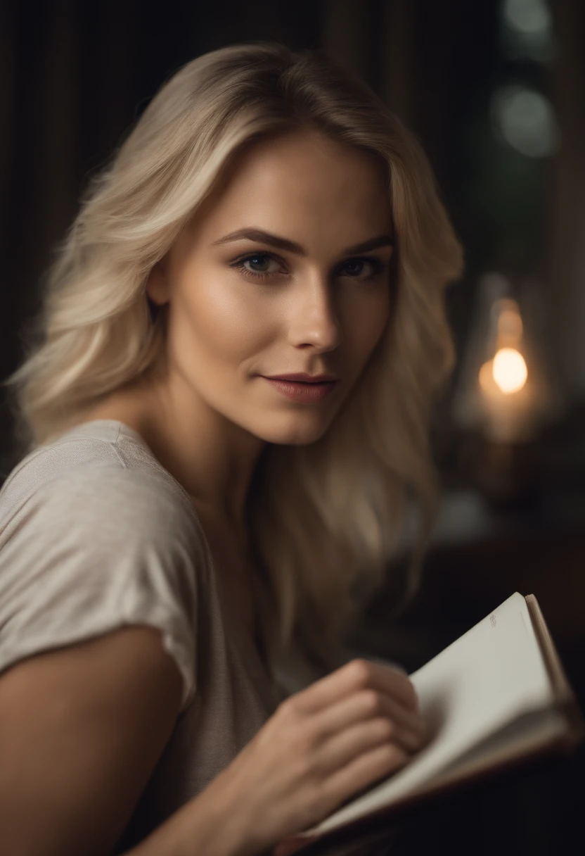 Blonde pretty woman, 24 years old, thin, medium breasts, wearing t-shirt, realistic skin tones, realistic details and complexion, using a journal, journal cover facing camera, woman with journal facing camera, journal cover facing front, pretty girl with journal