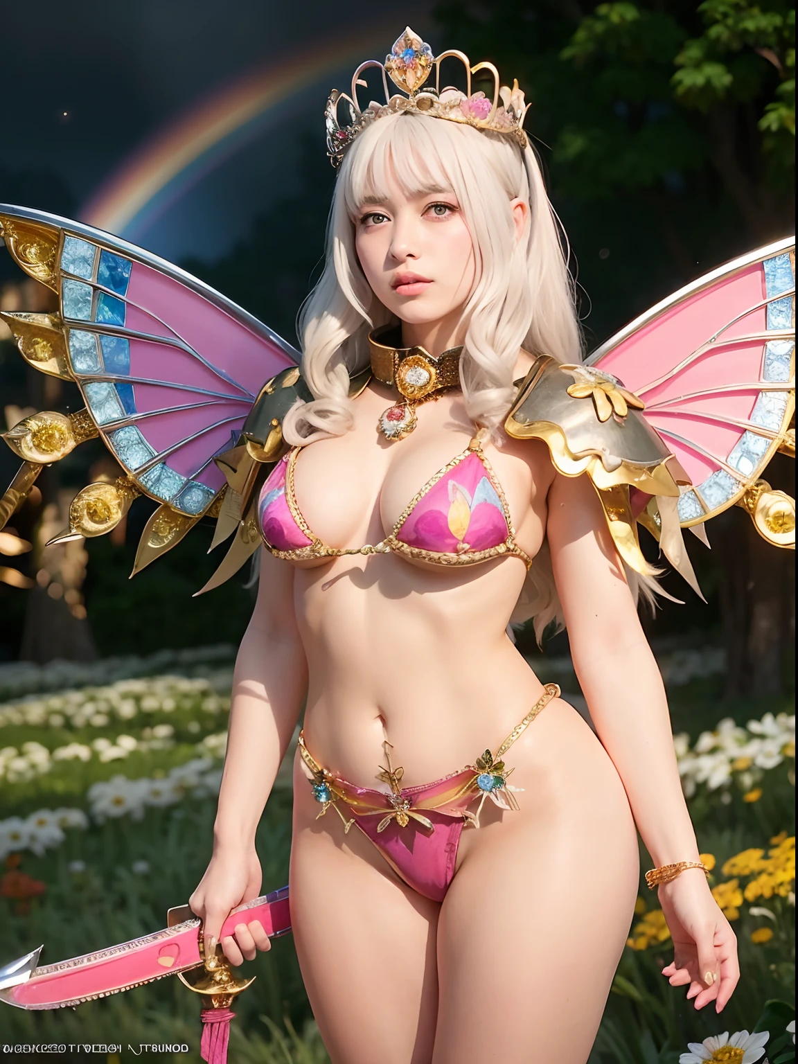 (（Floral Micro Bikini）), Professional , ​masterpiece、top-quality、photos realistic , depth of fields （Gemstone Flower Metal Body:1.4),(Matte Silver Pink、Jewel Gold Weapon、（Gorgeous castle background）、（ultimate beauty girl）、（Flower rainbow fairy wings grow）、（Jewel Flower Metal Body:1.９),Gorgeous Jewel Metal Weapons , Detailed Sword of the Brave ,（ a blond）   ,warhammer 40k ,(（Floral Micro Bikini）)、Particles of light、（Beautiful flower garden background）、 adepta sororitas,Detail and ornate jewel crown、独奏、Brown hair、（Gangle's forest background）、Beautiful Caucasian beauty、１a person、dynamic ungle,(((Diamond tiara with detail and luxury)))、a small face、Powerful poses、（Gorgeous castle background）、huge filesize、20 year old beautiful woman、Thin female fingers、Straight long hair、Beautiful Caucasian beauty、Valley、Fairy of Light、Particles of light、