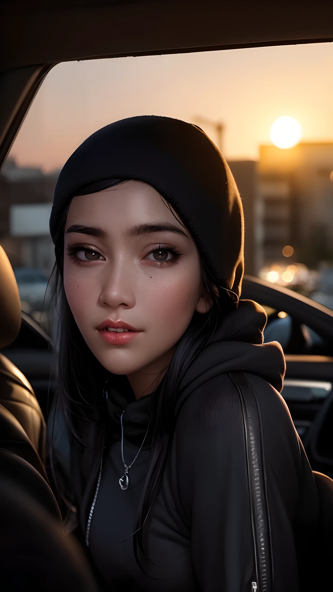 there is a woman in a black hoodie sitting in a car, face picture, with accurate face, very very low quality picture, picture, face is brightly lit, (((low light))), during dawn, she is facing the camera, perfectly lit face, 8k selfie photograph, ☁🌪🌙👩🏾, asian face, in front of a black background