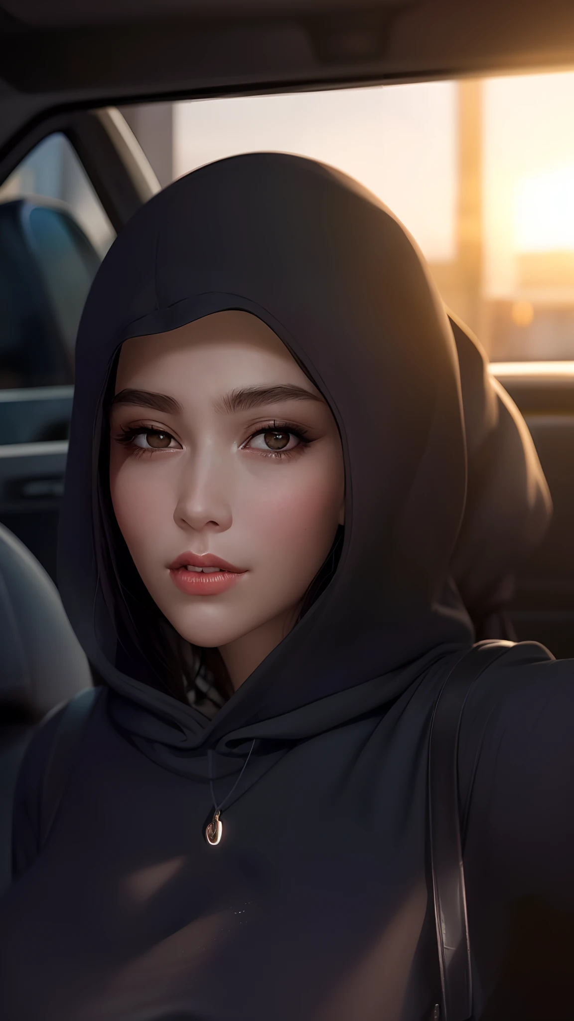 there is a woman in a black hoodie sitting in a car, face picture, with accurate face, very very low quality picture, picture, face is brightly lit, (((low light))), during dawn, she is facing the camera, perfectly lit face, 8k selfie photograph, ☁🌪🌙👩🏾, asian face, in front of a black background