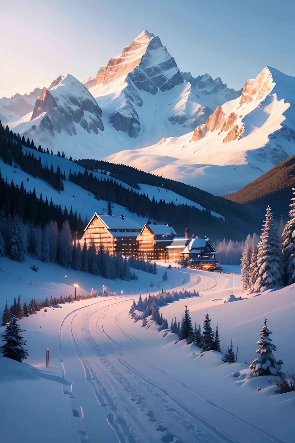 A beautiful scene of mountain with snownon thentop and the resort with snowing, 8k, printable --auto
